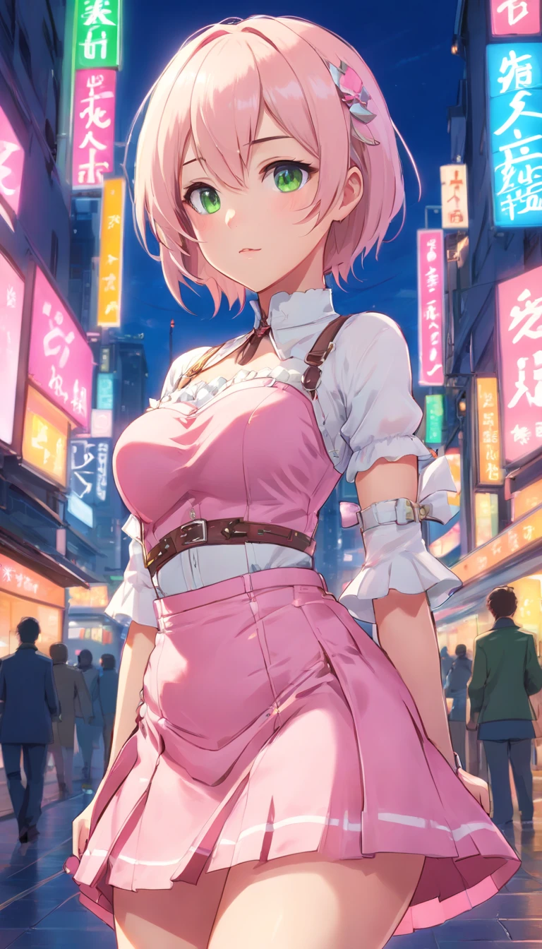 Beautiful anime girl with white skin and pink mini skirt,White garters,white bustier，Goldener Rand,Kleidung im Steampunk-Stil,Ganzkörperesbian,with short white hair,Roter Umriss, green eyes,Pink lenses,Rokoko-Stil,NFFSW,NFFSW,8K,Futuristische Retro-Stadt bei Nacht，Ganzheit，offen，Freilegung weiblicher Geschlechtsorgane，Milk liquid，An den Oberschenkeln，sexuell ，Sexuelle Themen