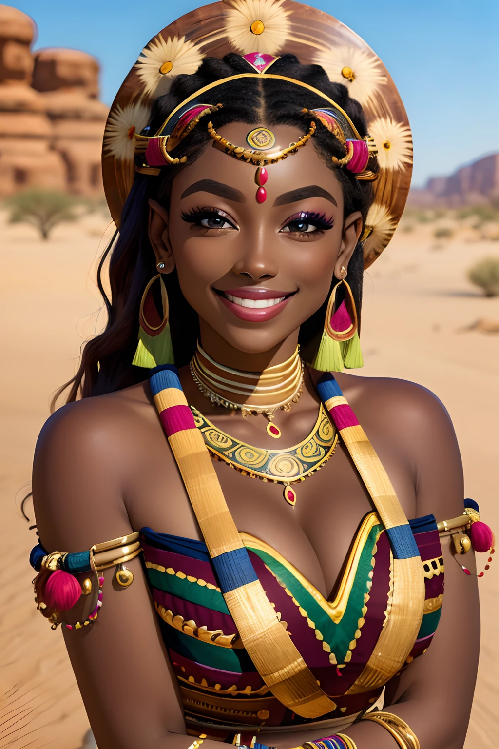 (masterpiece:1.2), (best quality:1.2), perfect eyes, perfect face, perfect lighting, ((smiling)), photoshoot, 1girl, mature female wearing SSAHC, SSAHC, dark-skinned, colorful tribal dress, headdress, thick eyelashes, makeup, eyeshadow, medium hair, oasis, desert detailed outdoor background