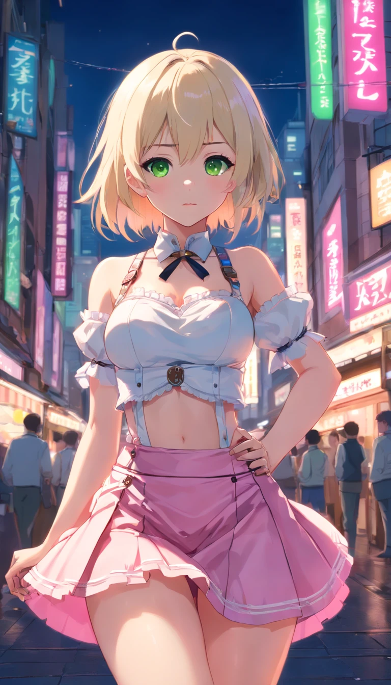 Beautiful anime girl with white skin and pink mini skirt,White garters,white bustier，Goldener Rand,Kleidung im Steampunk-Stil,Ganzkörperesbian,with short white hair,Roter Umriss, green eyes,Pink lenses,Rokoko-Stil,NFFSW,NFFSW,8K,Futuristische Retro-Stadt bei Nacht，Ganzheit，offen，Freilegung weiblicher Geschlechtsorgane，Milk liquid，An den Oberschenkeln，sexuell ，Sexuelle Themen