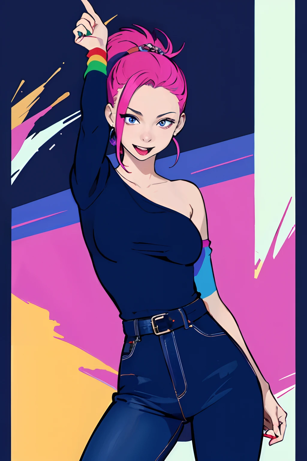 (masterpiece, best quality:1.4), (film poster, cover-style), young woman as the central character, sense of danger and intensity, dark and gritty background, The text is bold and attention-grabbing, color palette is mainly dark with splashes of vibrant colors, fashionable, woman, vibrant, outfit, posing, front, colorful, dynamic, background, elements, confident, expression, majestic, modern, trendy, focus, fashion,