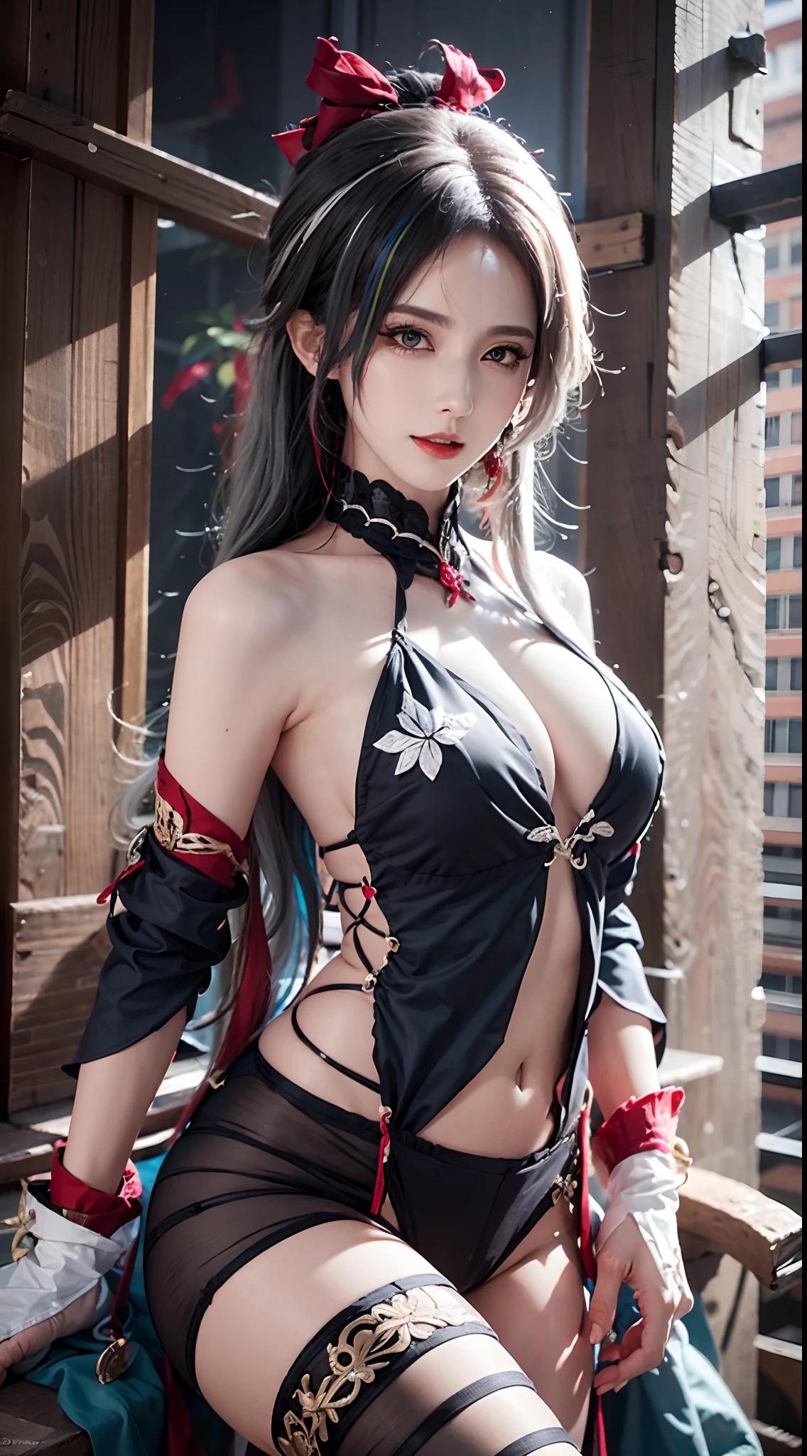 photorealistic,high resolution,soft light,1women,hips up, tall woman, white hair, black hair, multicolored hair, black eyes, arle_suit, arlecchino \(genshin impact\), multicolored hair