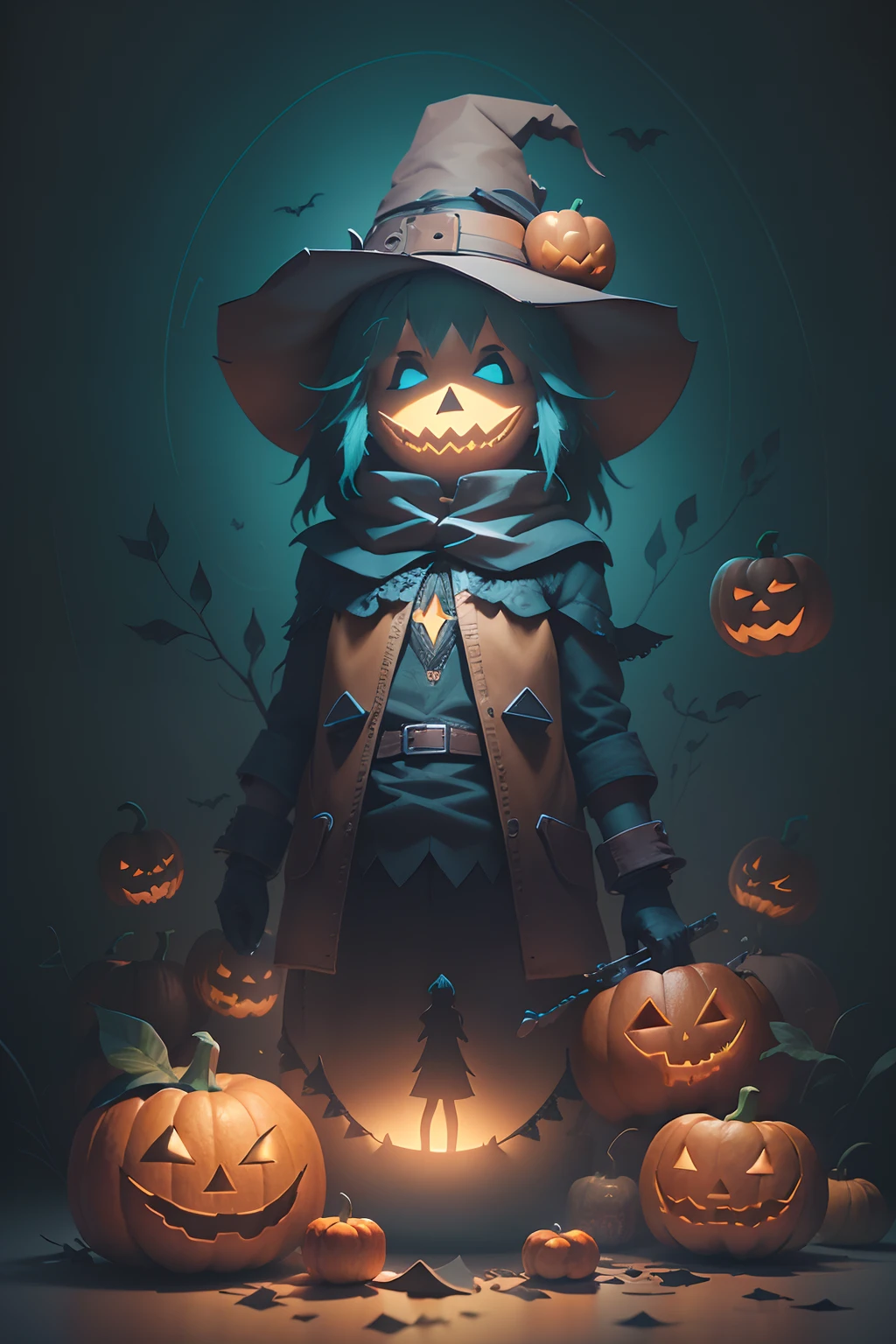 A detailed illustration friendly scarecrow with jack o-lanterns around, magic, t-shirt design, Halloween style, black color , light magic splash, gothic, t-shirt design, in the style of Studio Ghibli, pastel tetradic colors, 3D vector art, cute and quirky, fantasy art, watercolor effect, bokeh, Adobe Illustrator, hand-drawn, digital painting, low-poly, soft lighting, bird's-eye view, isometric style, retro aesthetic, focused on the character, 4K resolution, photorealistic rendering, using Cinema 4D