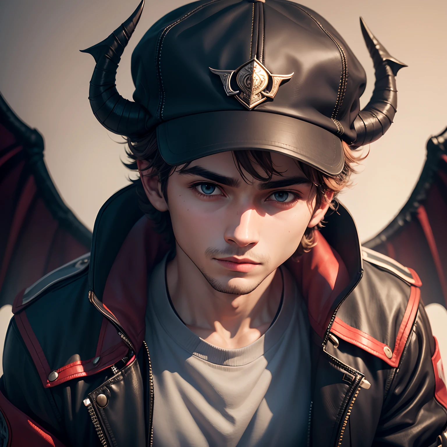 Smart boy, wearing jacket with cap and devil wings, ultra realistic, 8k,