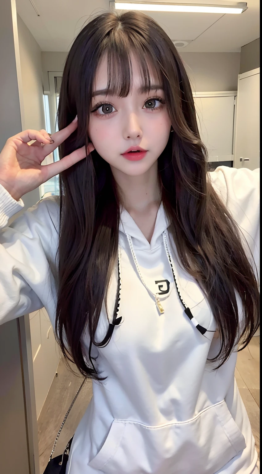 4K、Raw photo、Photoreal Stick、hight resolution , An 18-year-old woman、Face like an idol、((huge breasts1.6)),Brown hair long straight hair、With bangs、White hoodie、Looking at the camera、Shy laughter、Condominium