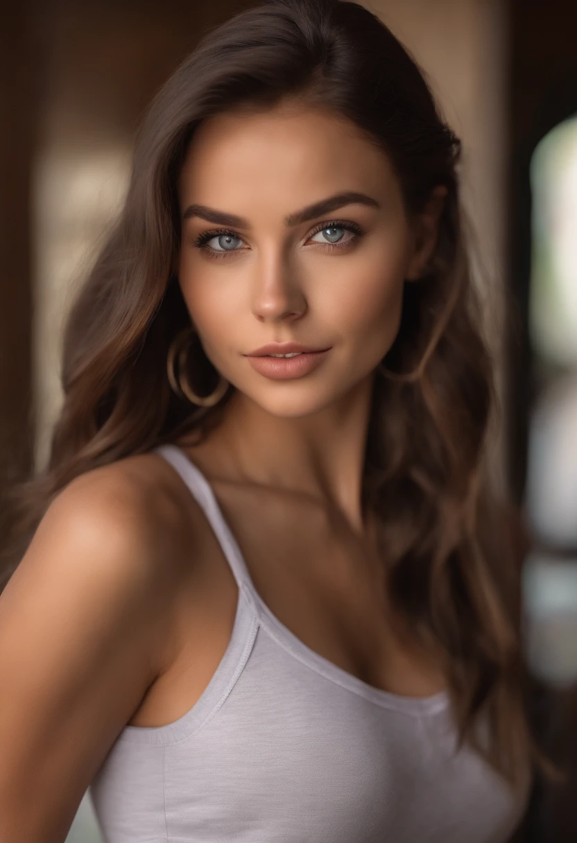 arafed woman with a white tank top and a necklace, dining at a restaurant, sexy girl with green eyes, portrait sophie mudd, brown hair and large eyes, selfie of a young woman, bedroom eyes, violet myers, without makeup, natural makeup, looking directly at the camera, face with artgram, subtle makeup, stunning full body shot, piercing green eyes, beautiful angle, attractive pose, cute girl, sexy pose, full body picture, full body, full body shoot, brunette goddess, high detail, satisfied pose, wearing grey skirt and boots, skirt, boots