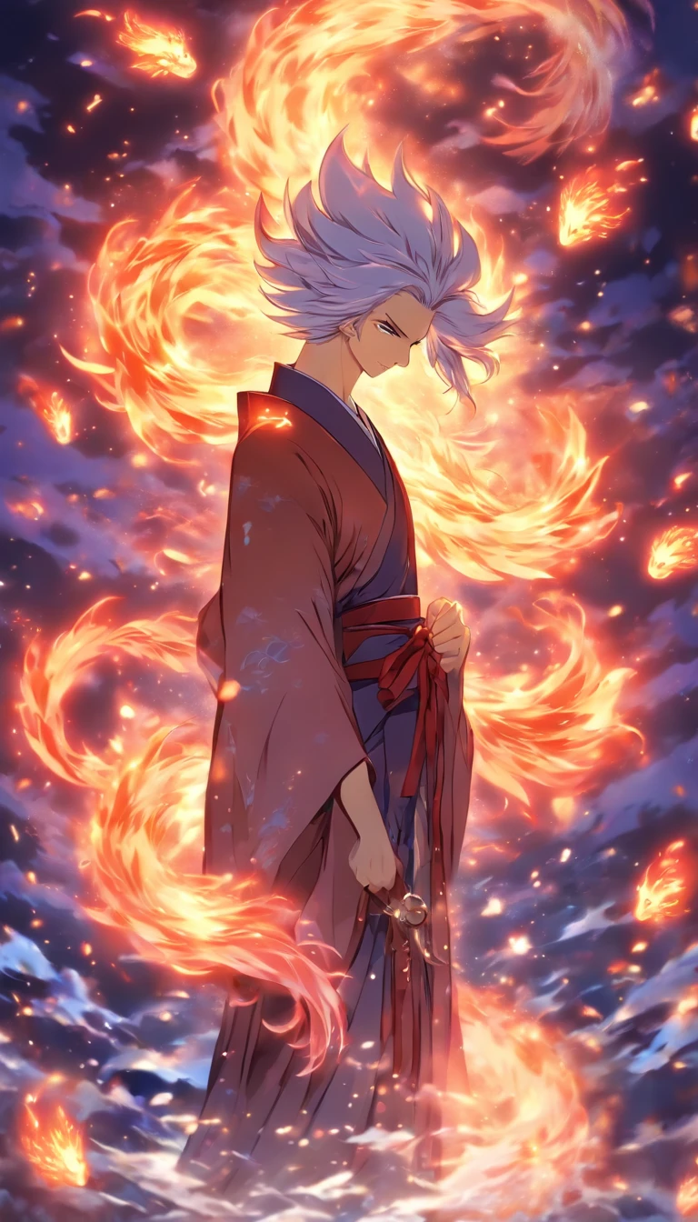 There is a young and handsome thin man, The long-haired male nine-tailed silver fox in Japanese mythology, in clothes, His nine tails unfold behind his back like a fan, He smiled, He smiled thoughtfully。, (Masterpiece), whole-length, Facing the viewer, surrealism, dreamlike lighting, glowworm, Sequins, The overall color is silvery-purple