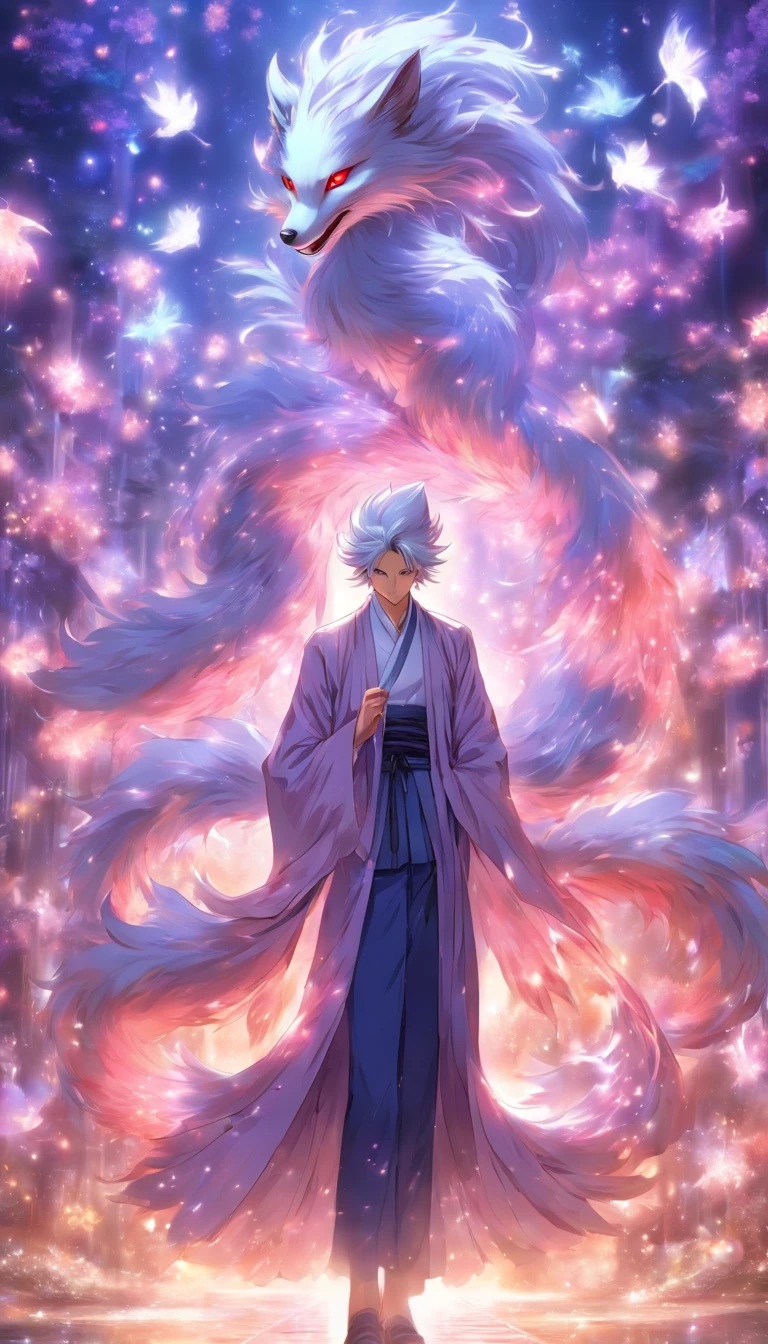 There is a young and handsome thin man, The long-haired male nine-tailed silver fox in Japanese mythology, in clothes, His nine tails unfold behind his back like a fan, He smiled, He smiled thoughtfully。, (Masterpiece), whole-length, Facing the viewer, surrealism, dreamlike lighting, glowworm, Sequins, The overall color is silvery-purple