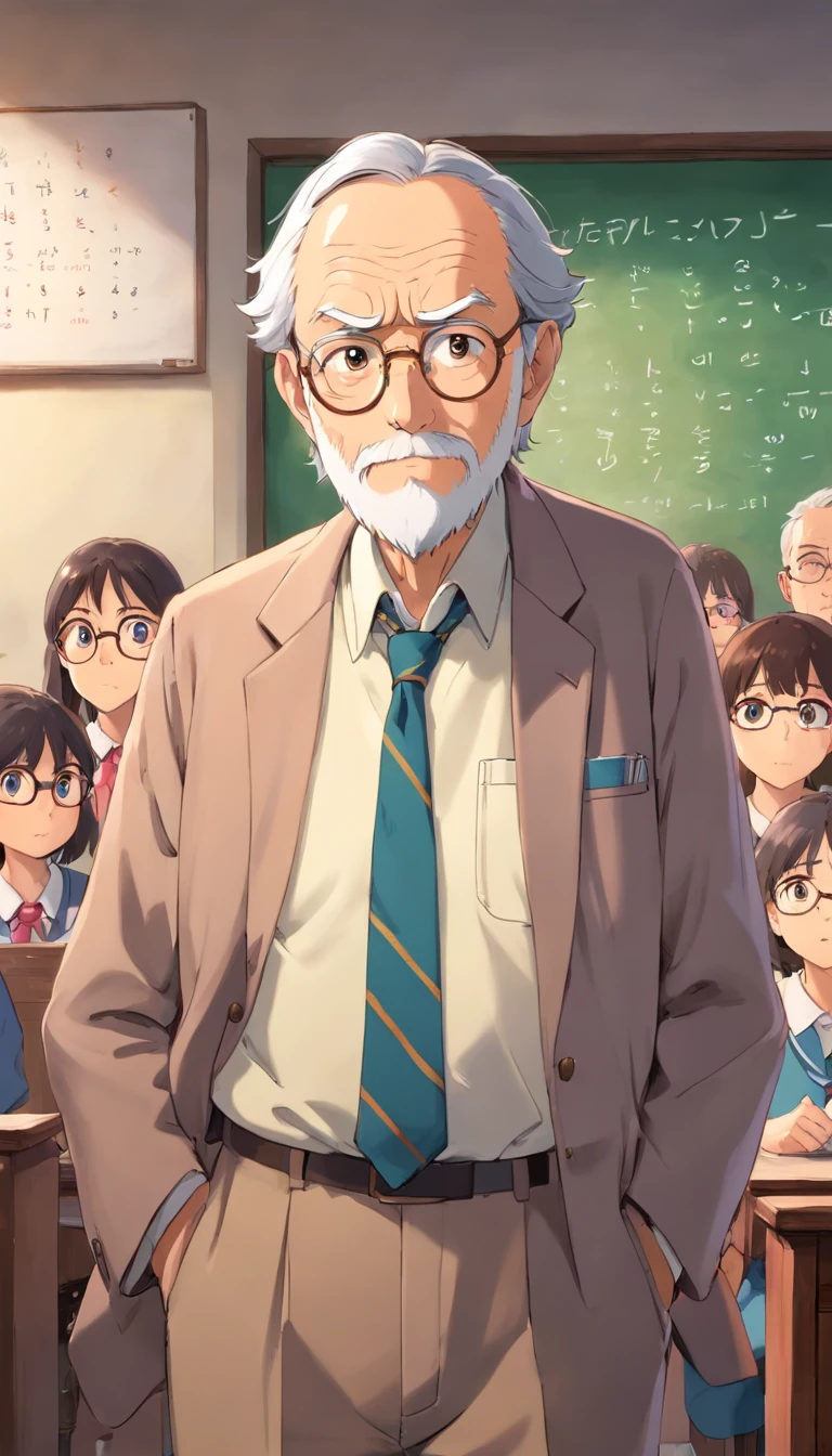 A old guy, Mean Face,55 years old,standing in front of the class,wearing teachers outfit,a math teacher,eye glasses.