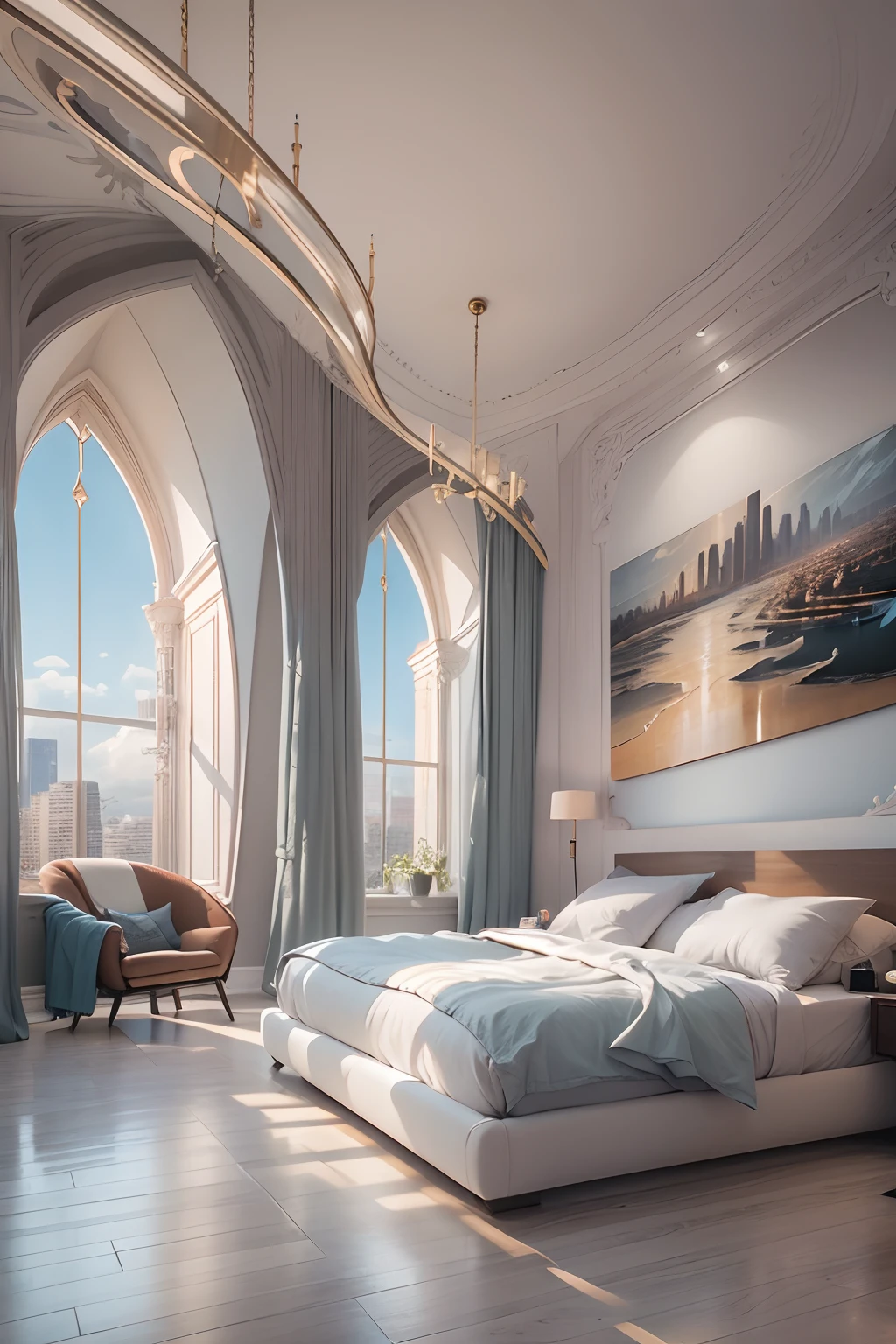 Bedrooms,There is a wall in the middle of the bedroom,The painting on the wall is in the middle, Paintings on the walls, skyscape, Large airy windows, Zaha Hadid and Santiago Calatrava landscape panoramic style, Fish, Clear light, Edge lighting, Perfect image, Building summary style, 16k UE5. superfine, 8K, hdr, Product photography, Depth of field, Nikon D850, Ultra-realistic, no contrast, clean sharp focus, professional, No blurring