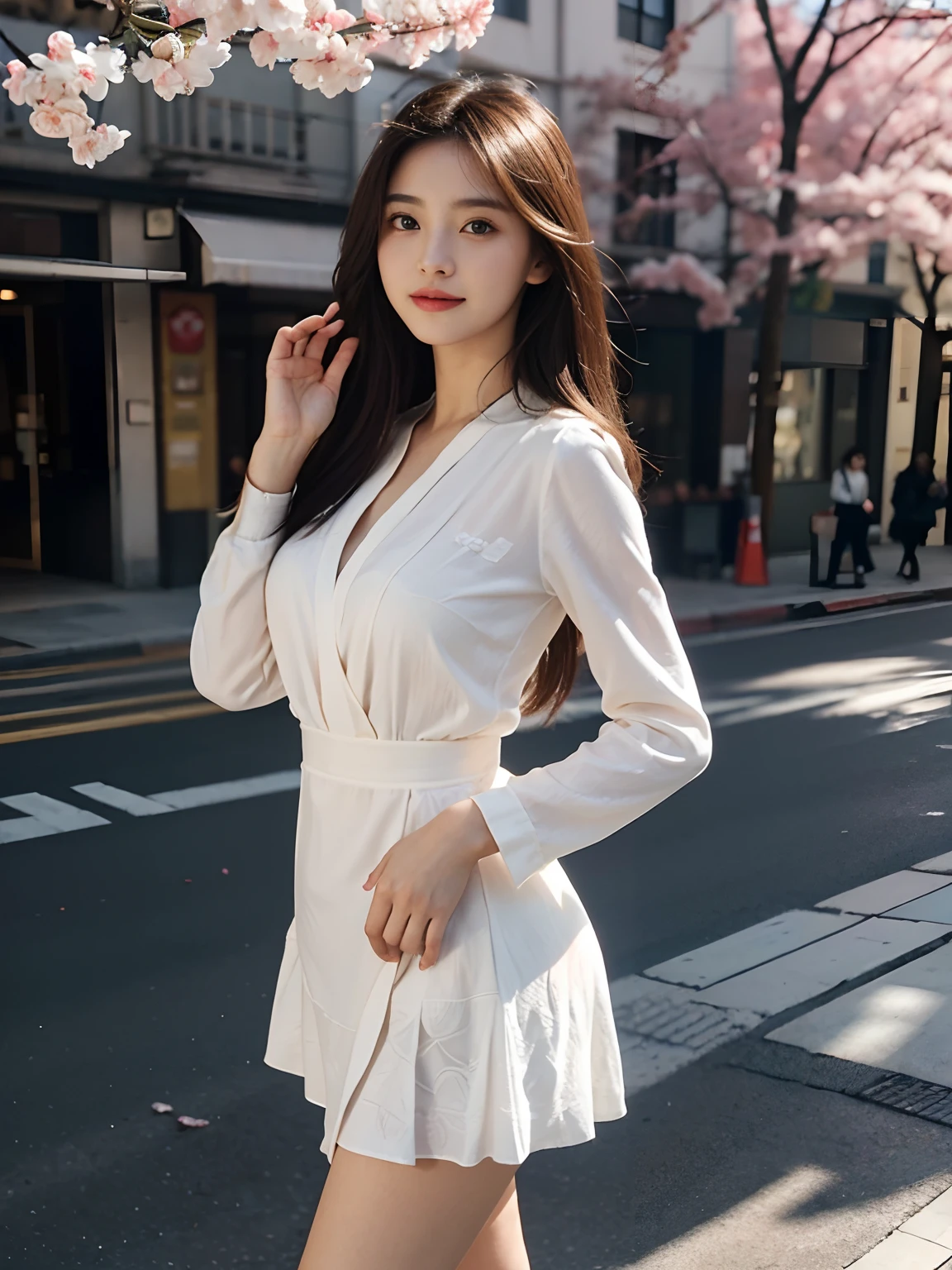 best qualtiy,tmasterpiece,超高分辨率,(真实感:1.4),RAW photogr,1girll,long whitr hair,Face Highlighting,Pure,Girly,Flushing,18yr old,18-year-old smiling female classmate,Pure,Innocent,(best qualtiy,8K,tmasterpiece:1.3),Goose egg face,largeeyes,long eyelasher,Exquisite(live-action realistic style),Star-like eyes,Ultimate face,Photorealistic light and shadow,Clear facial features,Milky white skin,Fair skin, highdetailskin, Realistic skin details, Visible Pore,(Super detail),(perfect bodies:1.1),long whitr hair,(dynamicposes),((Dynamic background((volumettic light:1.3)),huge tit,Sakura pattern dress,Short skirt that wraps around the hips,liberta,Dashing,long leges,Shunguang,Street photography