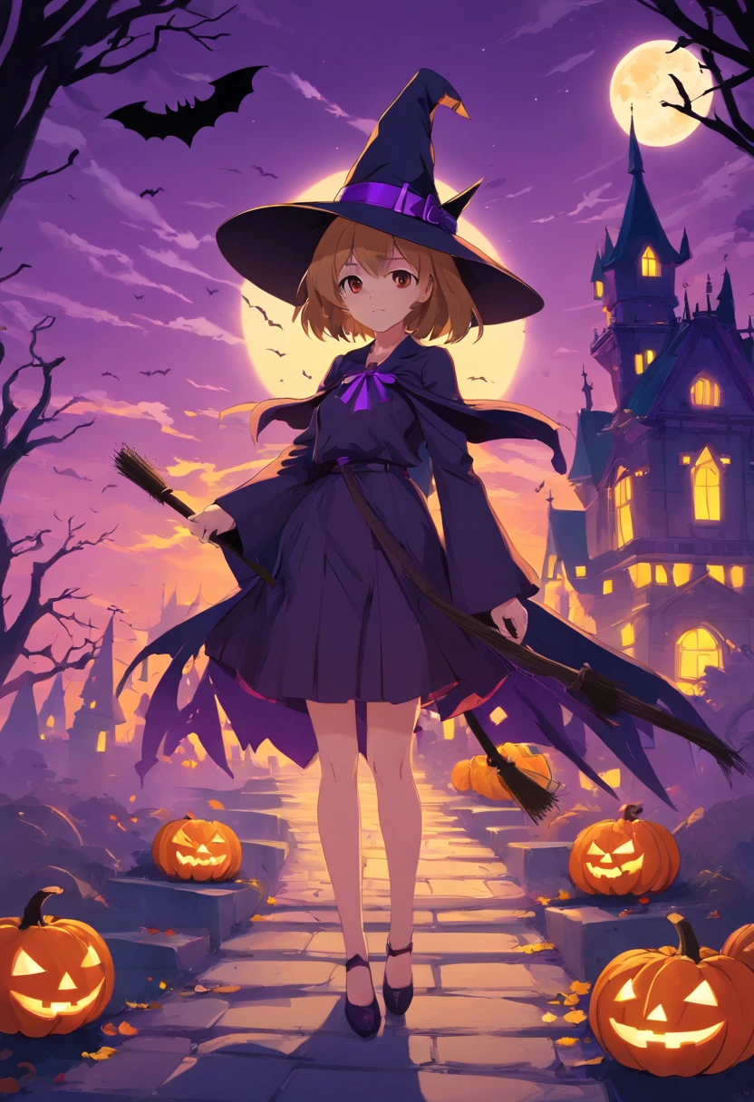 Halloween Elements, Digital Art: Black bat, Spooky pumpkin ghost, Spooky Moon, Ghost Broom, Purple Line Witch Talking Hat, Spider with yellow and black stripes, Witch's Castle, Magic black background, Minimalistic image with exclusive sticker illustration
