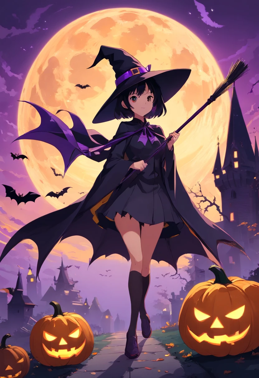 Halloween Elements, Digital Art: Black bat, Spooky pumpkin ghost, Spooky Moon, Ghost Broom, Purple Line Witch Talking Hat, Spider with yellow and black stripes, Witch's Castle, Magic black background, Minimalistic image with exclusive sticker illustration