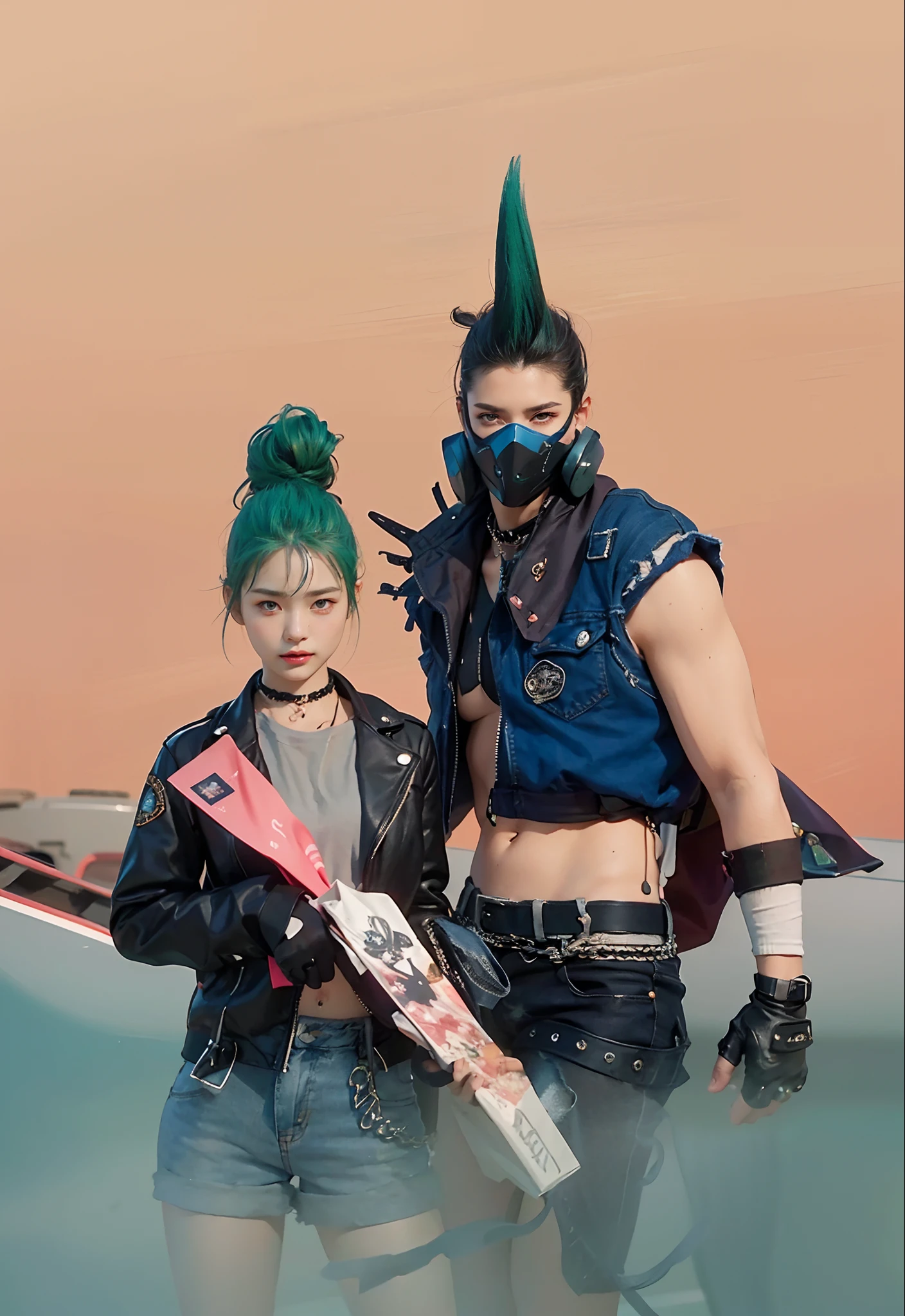 ((medium chest, tomboy, small head)), (well-defined abs: 1.1), (perfect body: 1.1), (short wavy hair: 1.2), russet hair, collar, chain, full body photo, crowded streets, wearing black vest, denim jacket, ((shorts)), (extremely detailed CG 8k wallpaper), (extremely delicate and beautiful), (masterpiece), (best quality: 1.0), (super high resolution: 1.0), beautiful lighting, perfect lightning, realistic shadows, [high resolution ], delicate skin, ultra-detailed ((colorful)))