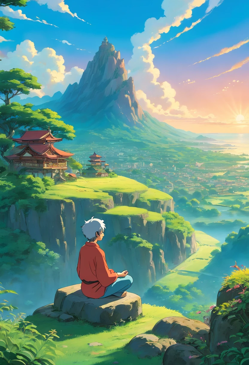 Create an image of a person meditating in a stunning landscape, This art needs great lighting