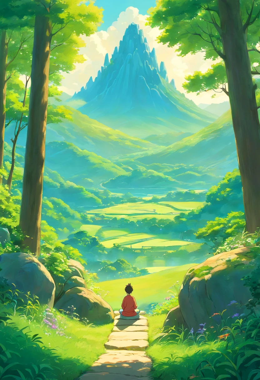 Create an image of a person meditating in a stunning landscape, This art needs great lighting