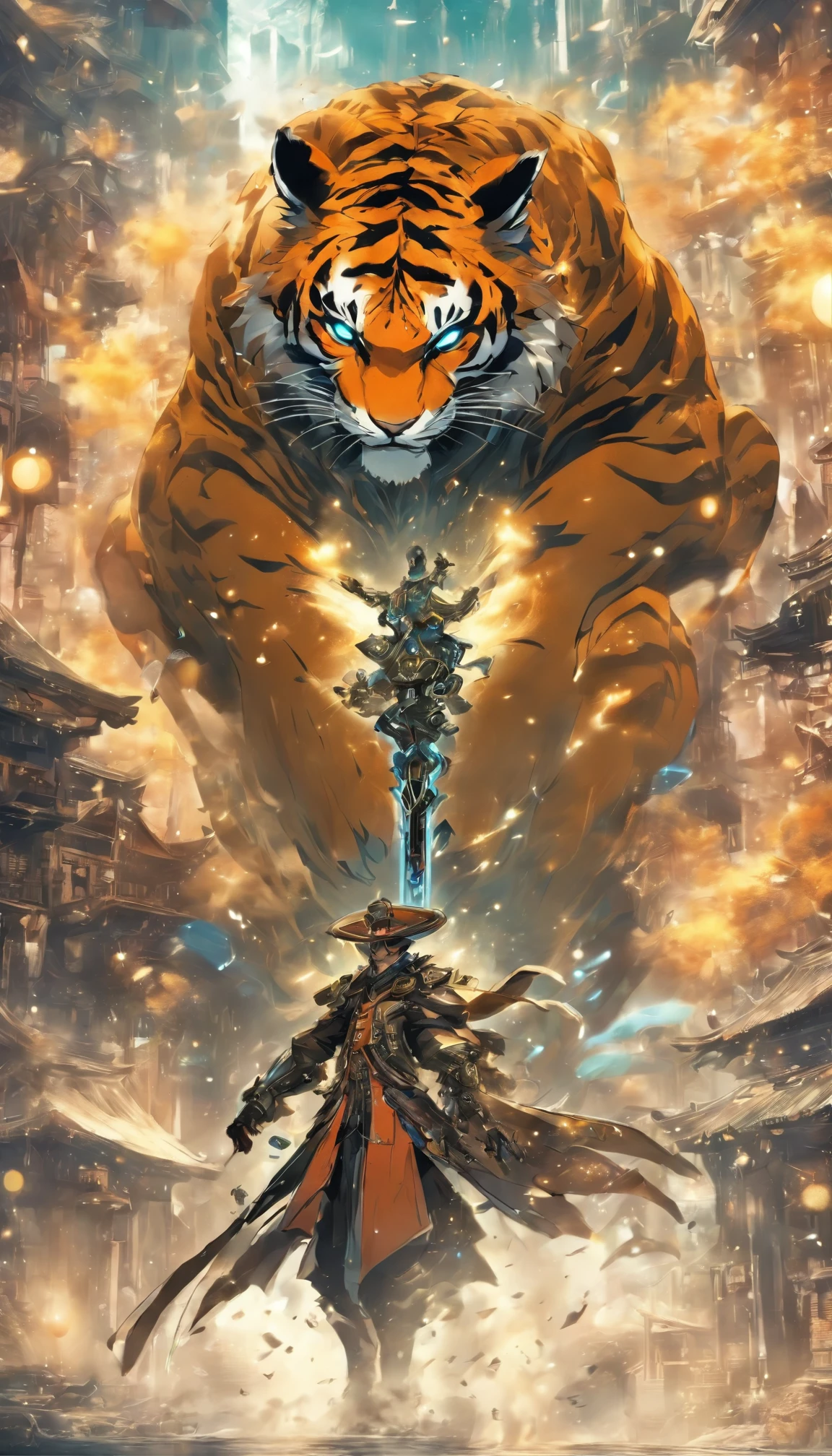 Chinese ink style,Steampunk world,Tiger-shaped steampunk warframe man,Jet steam is suspended in the city air,Ink animation art,Ink comic art,water ink,ink,Smudge,8K,Delicately portrayed,Works of masters