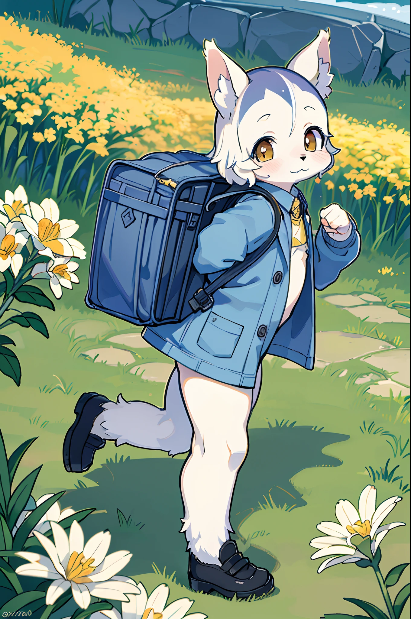 Very attractive little boy with backpack and cute puppy (husky) Enjoying a lovely spring outing surrounded by beautiful yellow flowers and nature. 4K resolution, hard disk, Illustrations, Very detailed, Facial features, comic strip, Visual Effects.