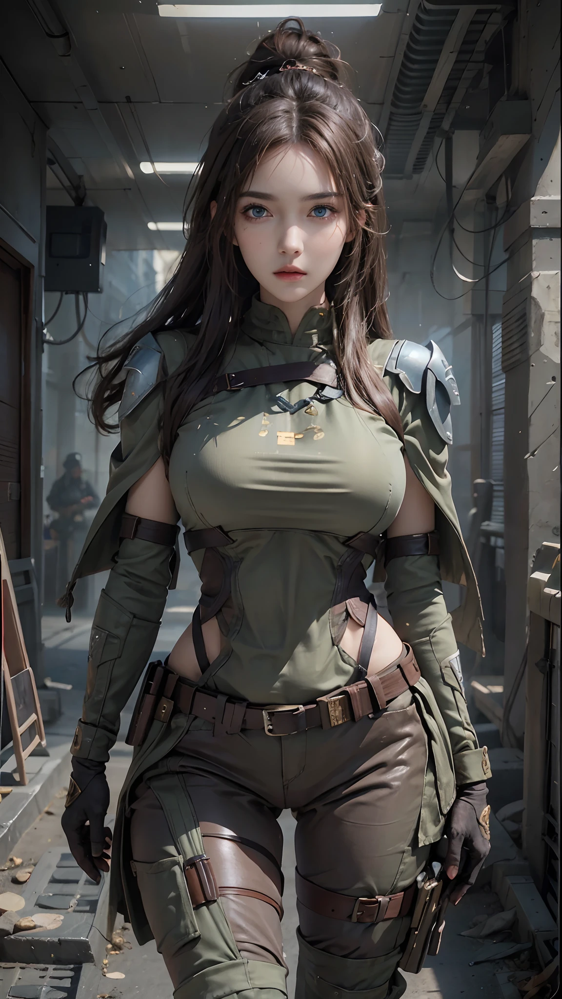 photorealistic, high resolution, 1 women, solo, hips up, look at viewer, (detailed face), brown hair, medium breasts, soldier girl, innocent blue eyes, long hair, weapon