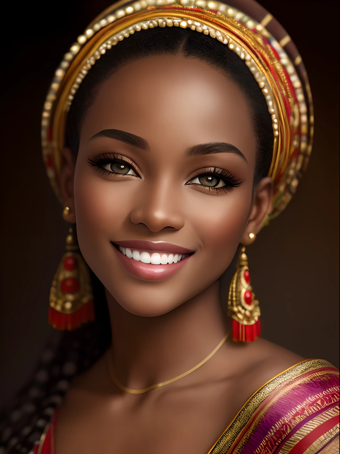A realistic ethnic model image of Africa's most beautiful woman, ((smiling)), Photography, Portrait Style, Inspired by Fashion and Beauty Photographers, Lens: 50mm, Medium Plane, Natural Lighting, 8K Resolution