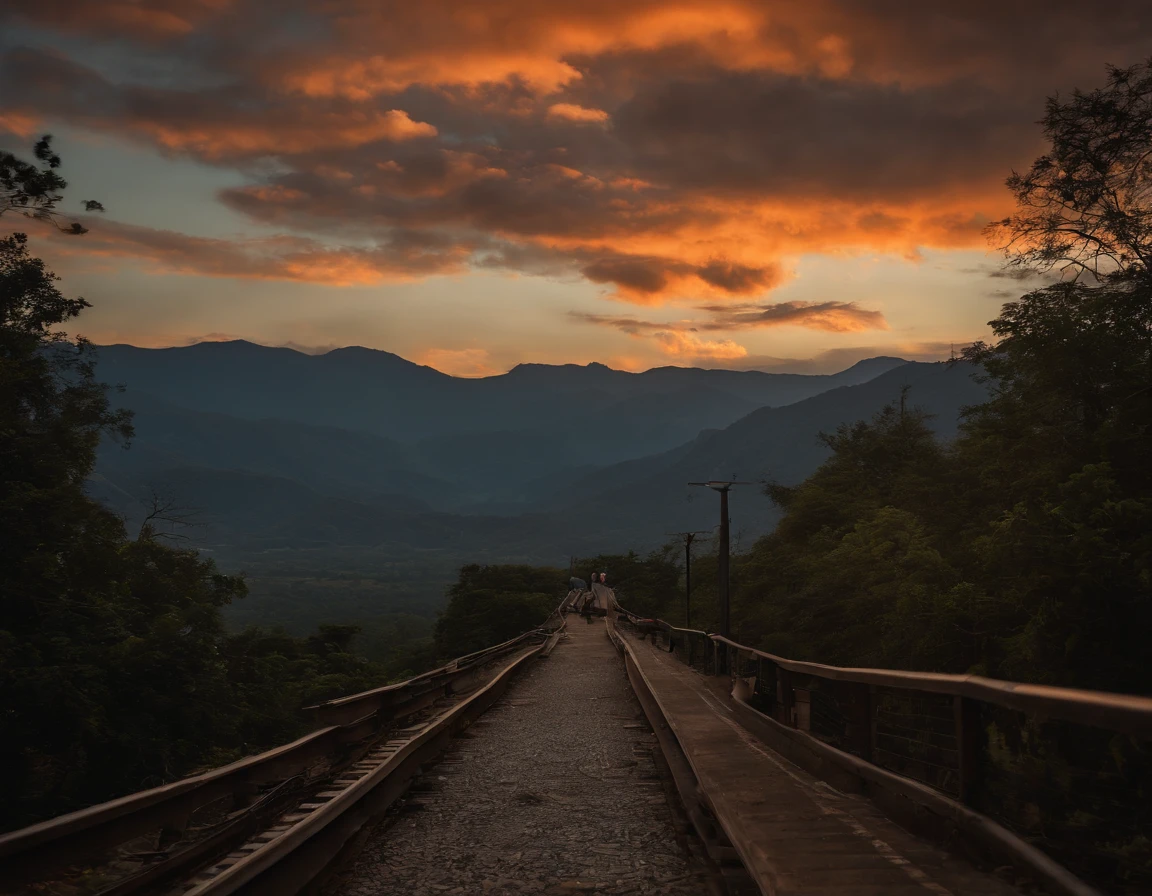 (view from an empty terrace platform in the mountains towards a Mountain range at dawn with orange clouds), view from a wide concrete platform, dark sky with bright orange clouds behind the mountains, (a big falling star crossing the starry sky), meteorites crossing the sky, medellin, explosion right behind the mountain range in the horizon, nuclear nuke behind the mountains, crescent moon in the sky