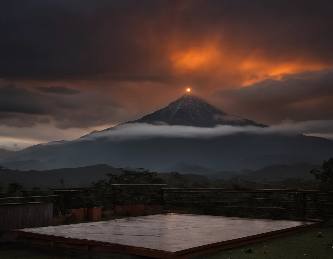 (view from an empty terrace platform in the mountains towards a Mountain range at dawn with orange clouds), view from a wide concrete platform, dark sky with bright orange clouds behind the mountains, (a big falling star crossing the starry sky), meteorites crossing the sky, medellin, explosion right behind the mountain range in the horizon, nuclear nuke behind the mountains, crescent moon in the sky