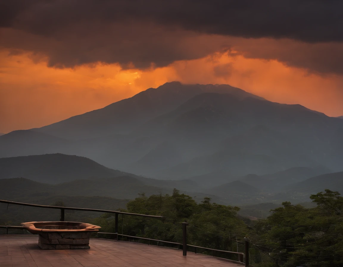 (view from an empty terrace platform in the mountains towards a Mountain range at dawn with orange clouds), view from a wide concrete platform, dark sky with bright orange clouds behind the mountains, (a big falling star crossing the starry sky), meteorites crossing the sky, medellin, explosion right behind the mountain range in the horizon, nuclear nuke behind the mountains, crescent moon in the sky