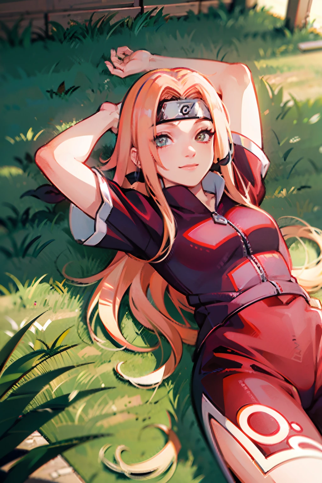 haruna sakura lying on the grass, smiling, relaxed, wind blowing, pink outfit, konoha headband, naruto anime style, relaxing scene