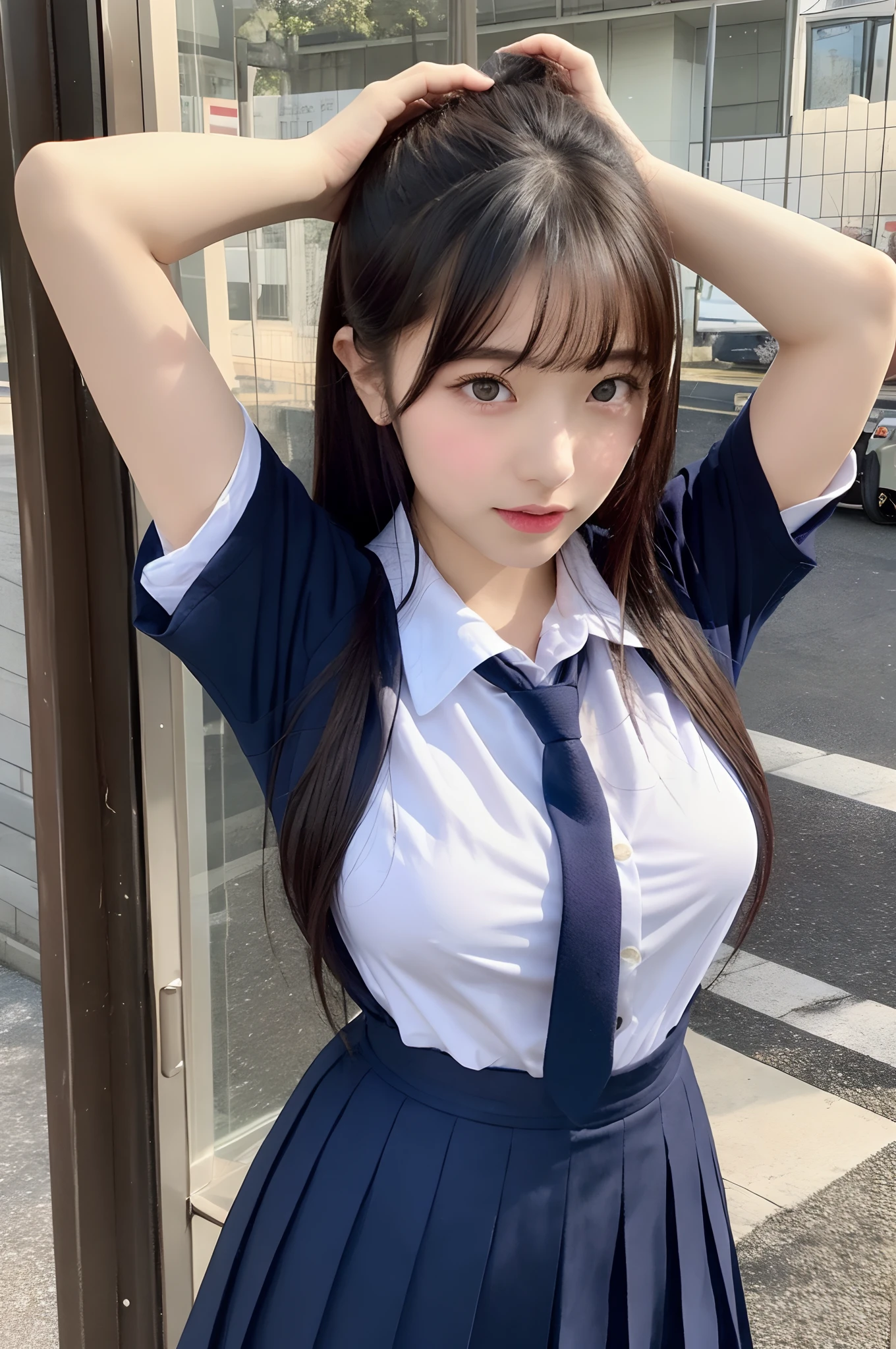 japanaese girl、 girls、perfect body type、Transparency、discreet breasts、School Uniforms、Navy blue tie、Navy blue skirt、Light blue shirt、hposing Gravure Idol、waterside、Fancy makeup