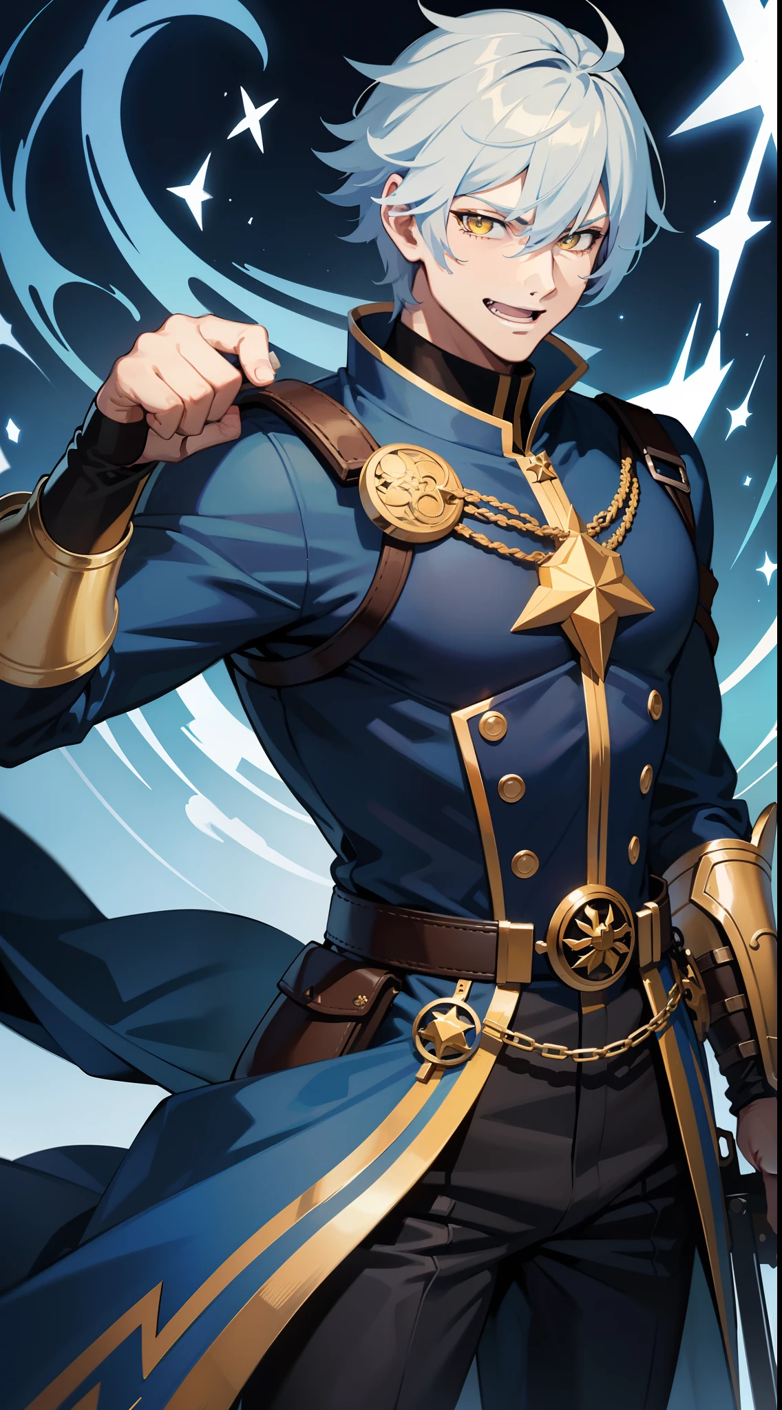 Grown-up guy, Long blue and white hair, Yellow eyes, musculature, smirk, open mouth, Black mercenary uniform, sword, Bag, Gold Elements, Masterpiece, hiquality, higly detailed, HD, 4k