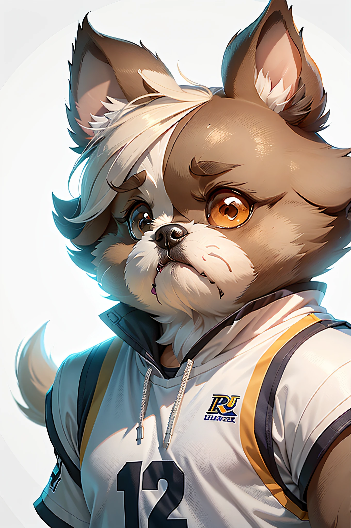 C4tt4stic, Cartoon of basketball player uniform、Breed Shih Tzu(Ears are light brown、The right half of the face is light brown.、The left half of the face is white、Hair is short)