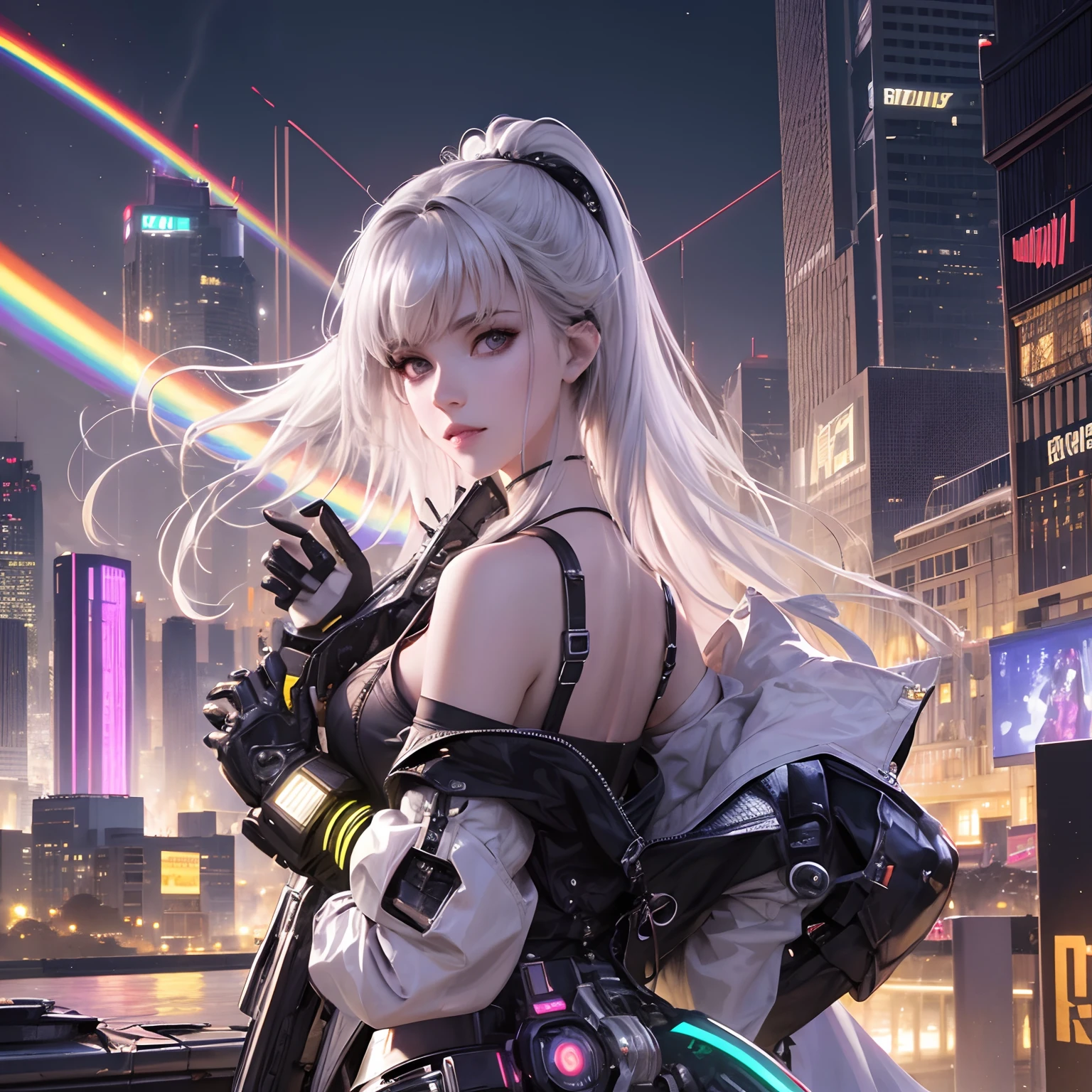 super high image, super detail, super high resolution, the face is human and the body is chrome mechanical parts sexy beautiful cute female floating in the sky, light silver glossy braided bangs hair, precise and detailed parts, cyberpunk midnight city, ruins, piles of rubble, puddles, iridescent, background fantasy, galaxy, magic circle, kaleidoscope, rainbow and gold neon light many lines, professional lighting