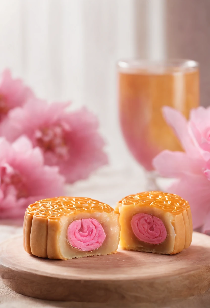 Mooncake cut half with pink intricate sakura fillings and 3 egg yolks inside the pinky filling