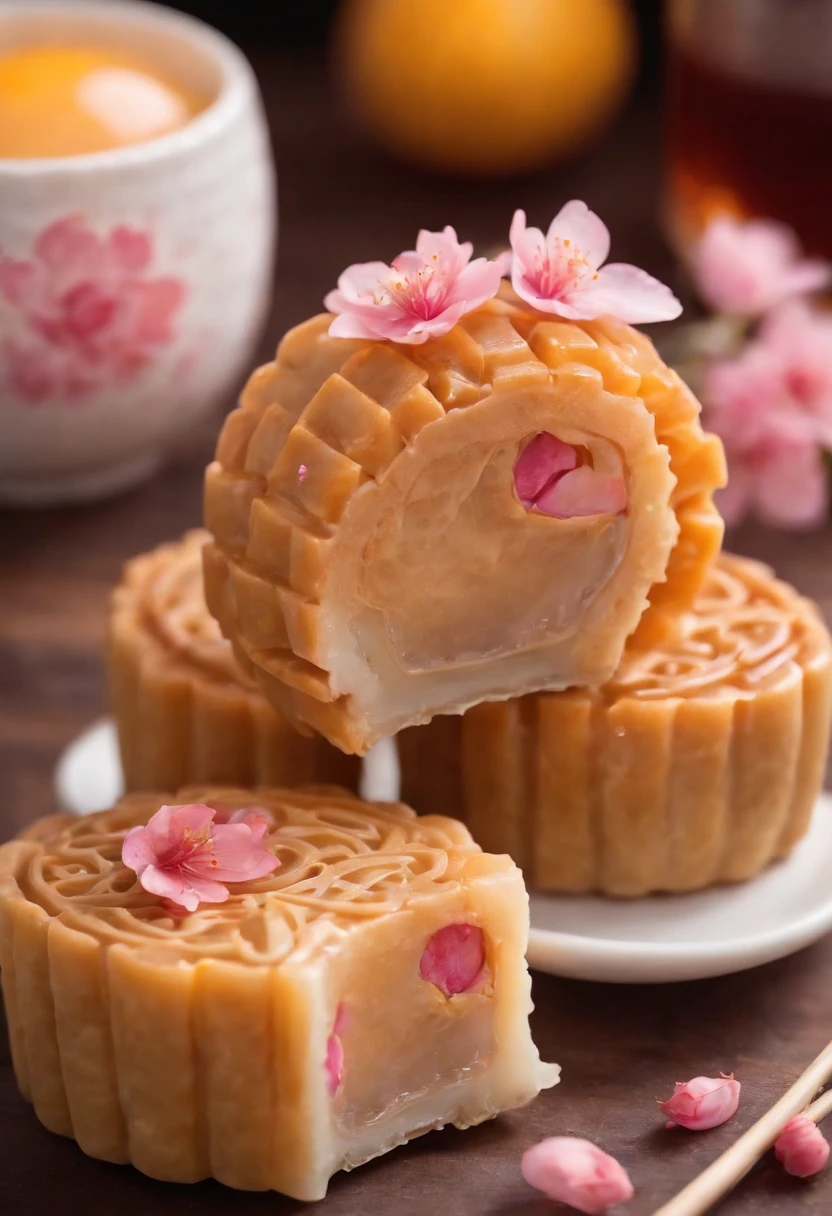 Mooncake cut half with pink intricate sakura fillings and 3 egg yolks inside the pinky filling