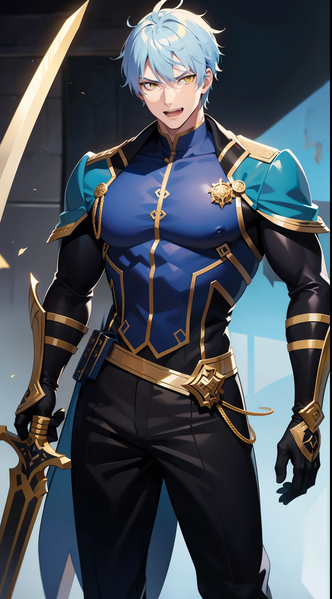 Grown-up guy, Long blue and white hair, Yellow eyes, musculature, smirk, open mouth, Black mercenary uniform, sword, Bag, Gold Elements, Masterpiece, hiquality, higly detailed, HD, 4k