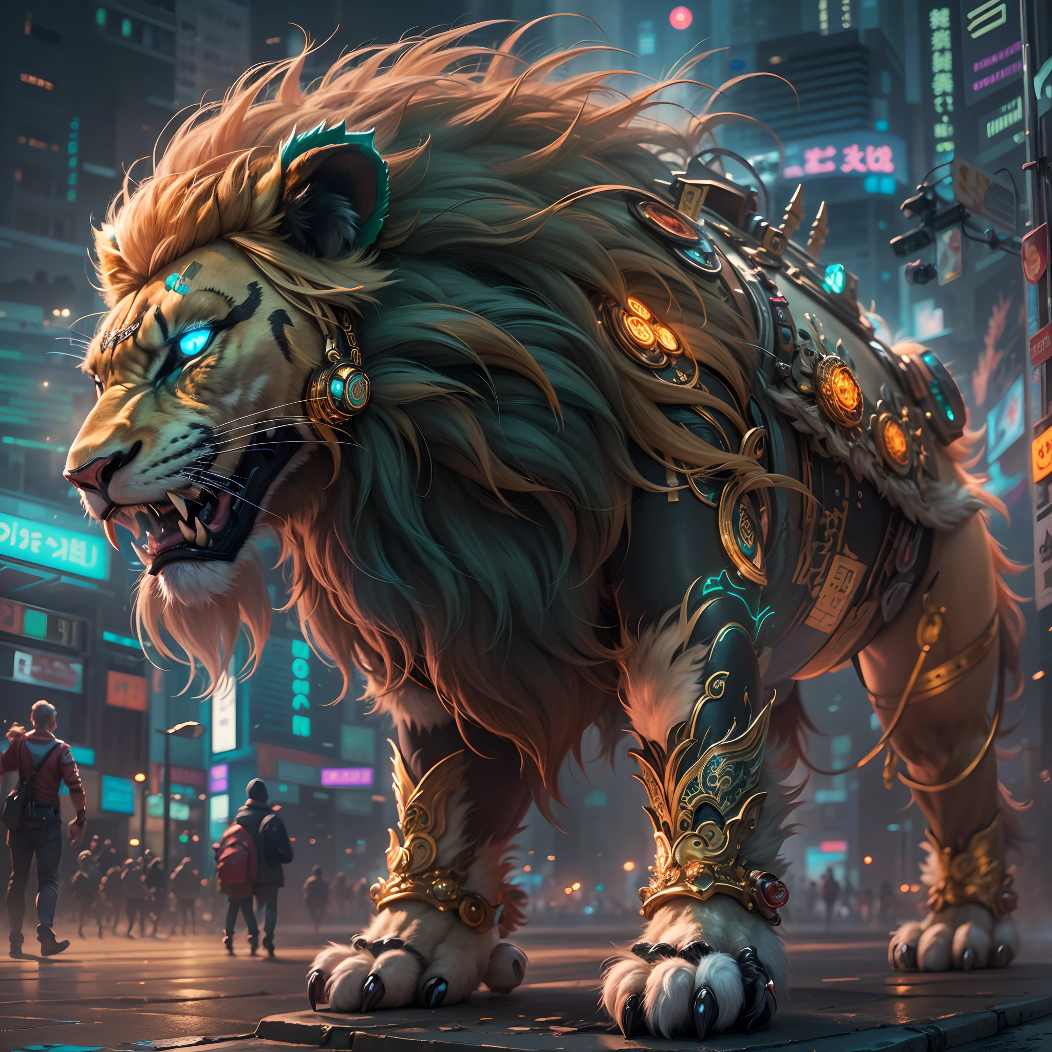 Cyberpunk lion dance in the city of the future, (Best quality, A high resolution, Ultra-detailed:1.2) The body of the lion is decorated with a glowing circuit pattern, (Handmade lion head with ferocious expression) with intricate detail,Such as sharp fangs and harsh eyes.