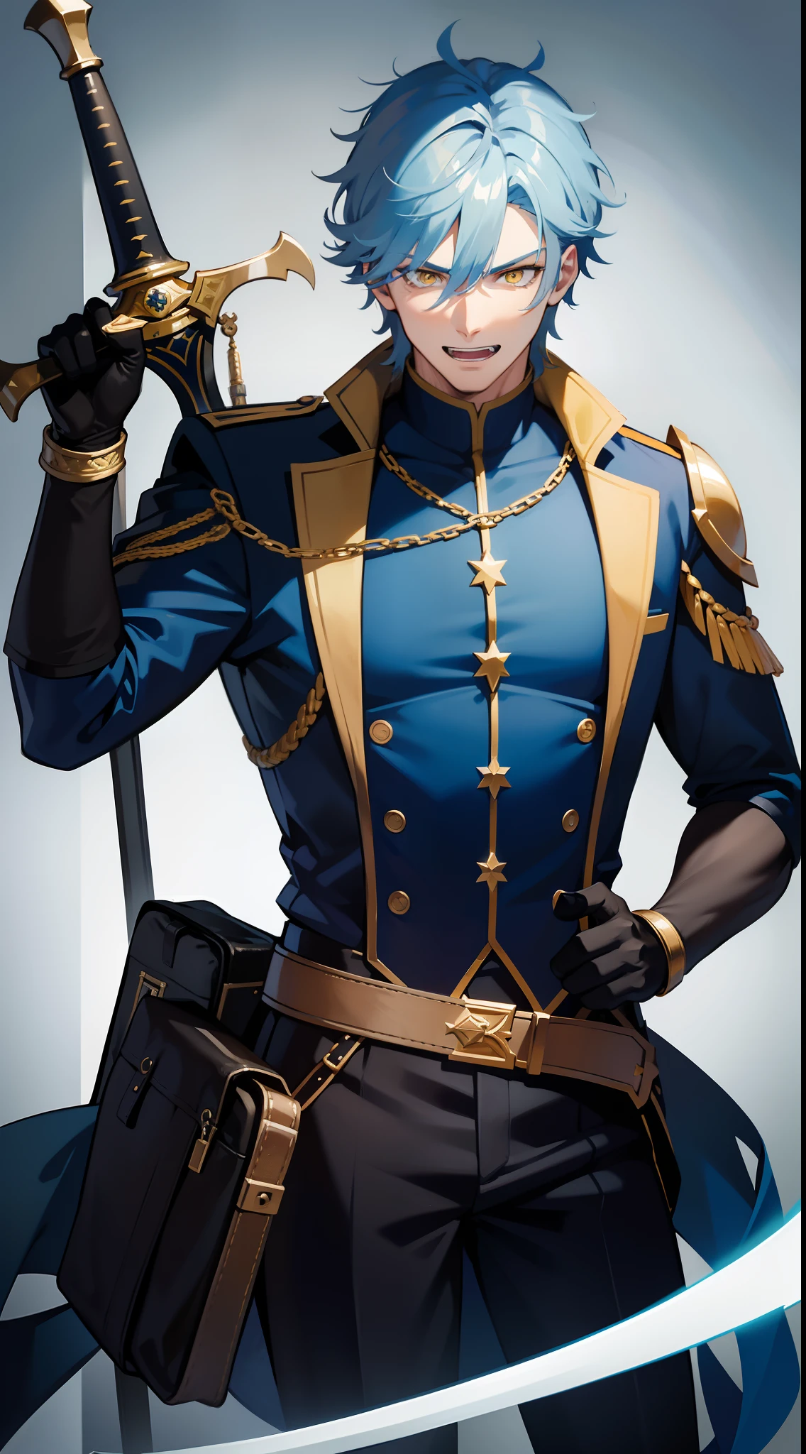 Grown-up guy, Long blue and white hair, Yellow eyes, musculature, smirk, open mouth, Black mercenary uniform, sword, Bag, Gold Elements, Masterpiece, hiquality, higly detailed, HD, 4k