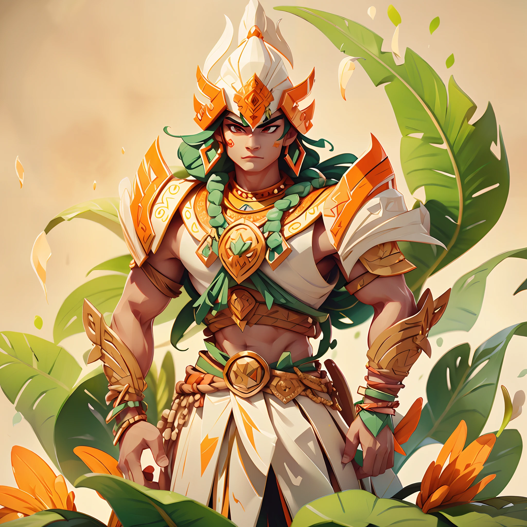 Aztec Warrior, flower and leaf based, colors are white leaf-green orange-cream and orange-red, Calla Lily, glowing iridescent, masterpiece, best quality