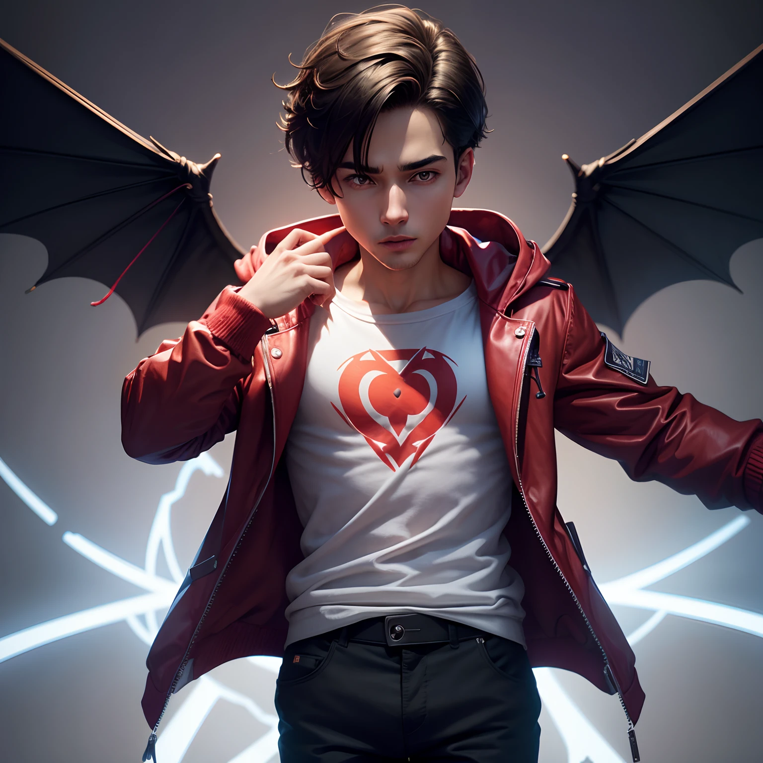 Smart boy, wearing hoody jacket and devil wings, ultra realistic, 8k,