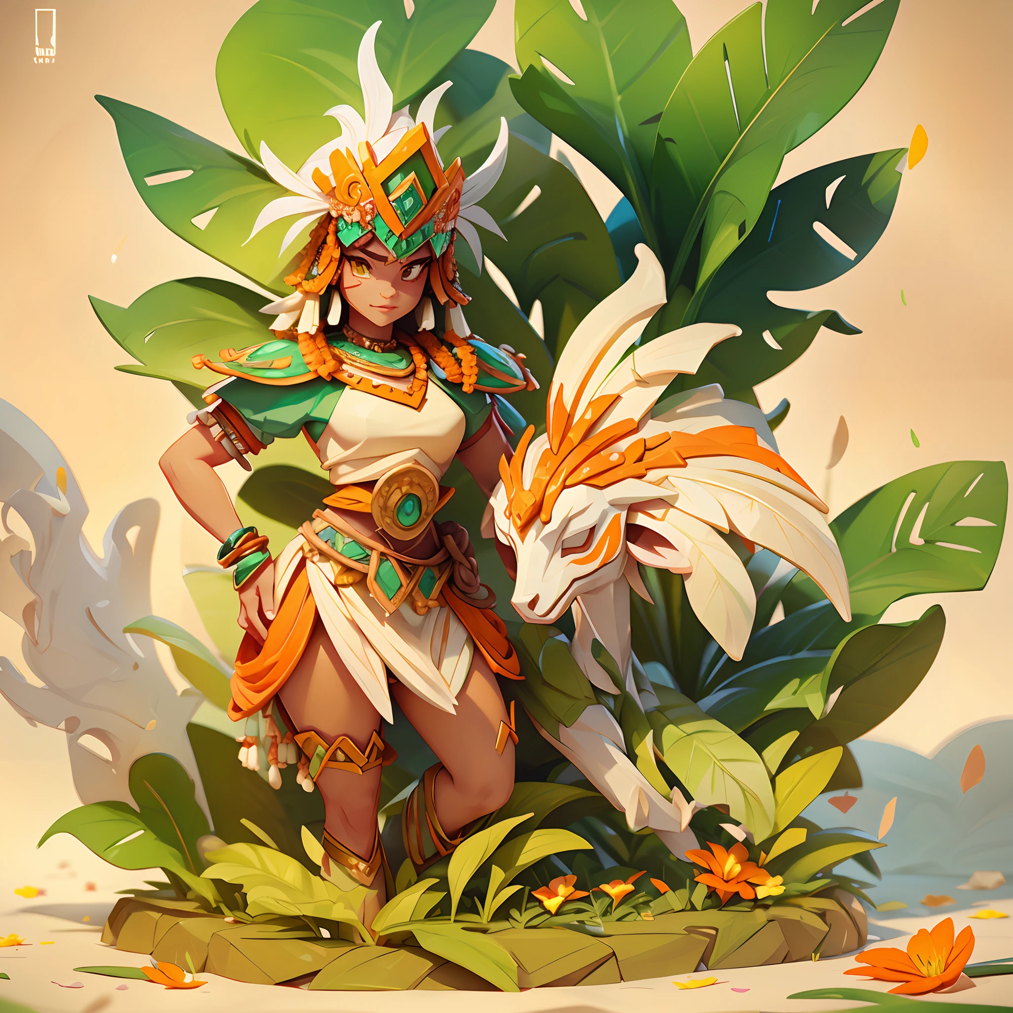 Aztec Warrior, flower and leaf based, colors are white leaf-green orange-cream and orange-red, Calla Lily, glowing iridescent, masterpiece, best quality