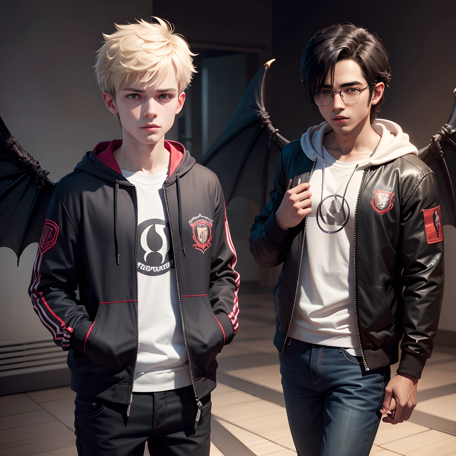 Smart boy, wearing hoody jacket and devil wings, ultra realistic, 8k,
