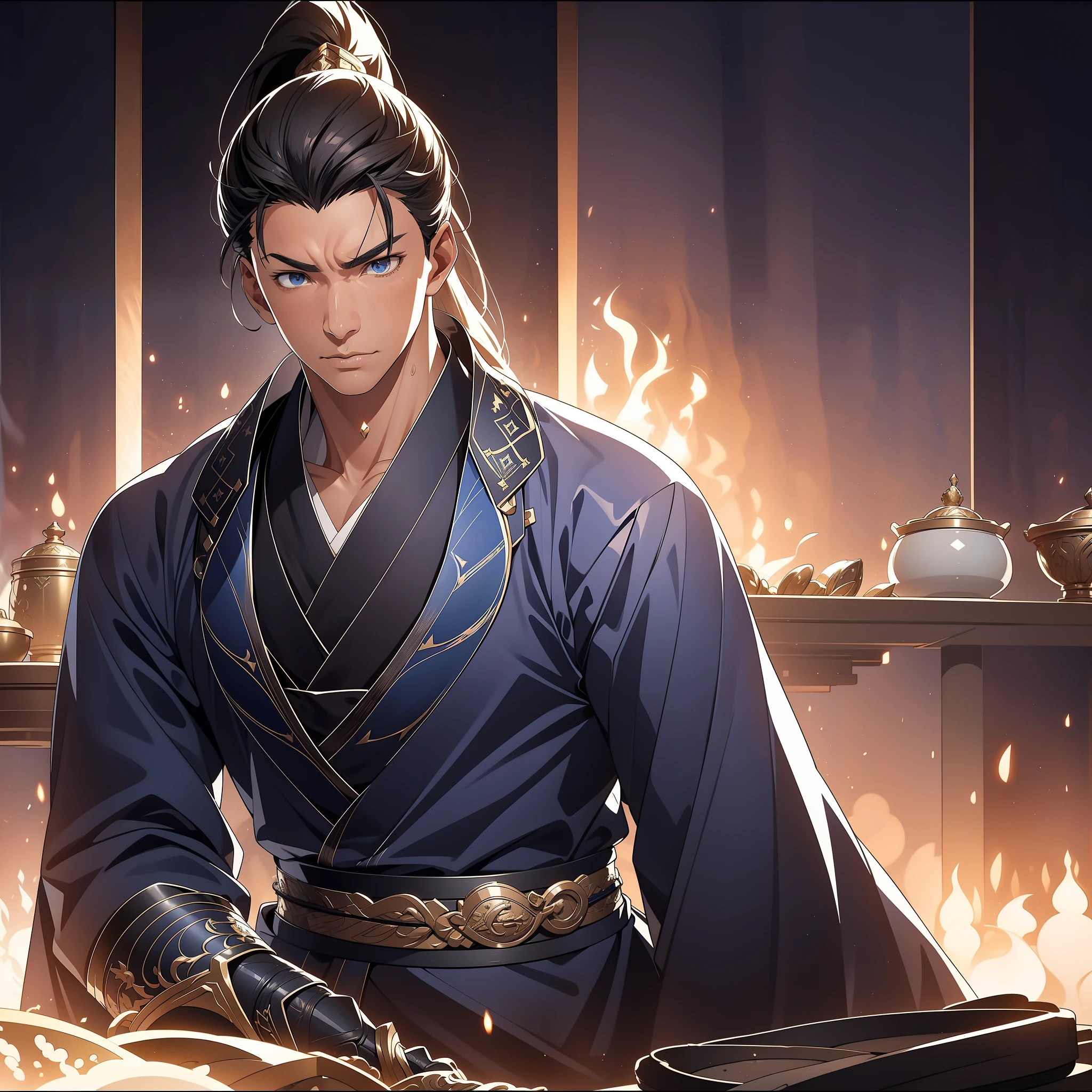 quadratic element,style of anime,mtu(Male Warrior),The proportions are correct,Face details,swordsmen,High ponytail hairstyle,Neck details,There is an Adam's apple,Blue suit,kaftan,long blue robes,clothes details,Handing over,longer sleeves,Game quality,Swordsmanship,Light and shadow tracking,Ray traching,detailed glow,cg render,hair detail,Black long hair,blue colored eyes,Handsome,Handsome,(juvenile sense),Clothing is complicated,Perfectcomposition,Refinement,high qulity,higher details,Lots of details,The background is complex,a sense of atmosphere,
