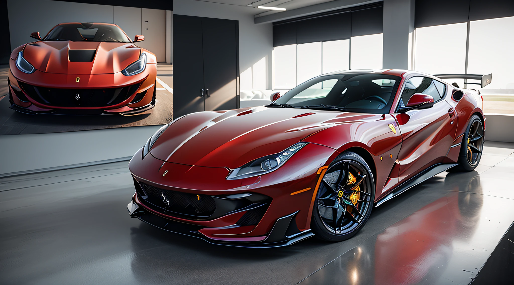 2023 Ferrari 812 GTS,close-up photo,Photography,clear facial features,car inner view, cushion, sterling, rpm meter,character concept art,Assembly Drawing,360 panorama,full body,cinematic shot,film lighting,