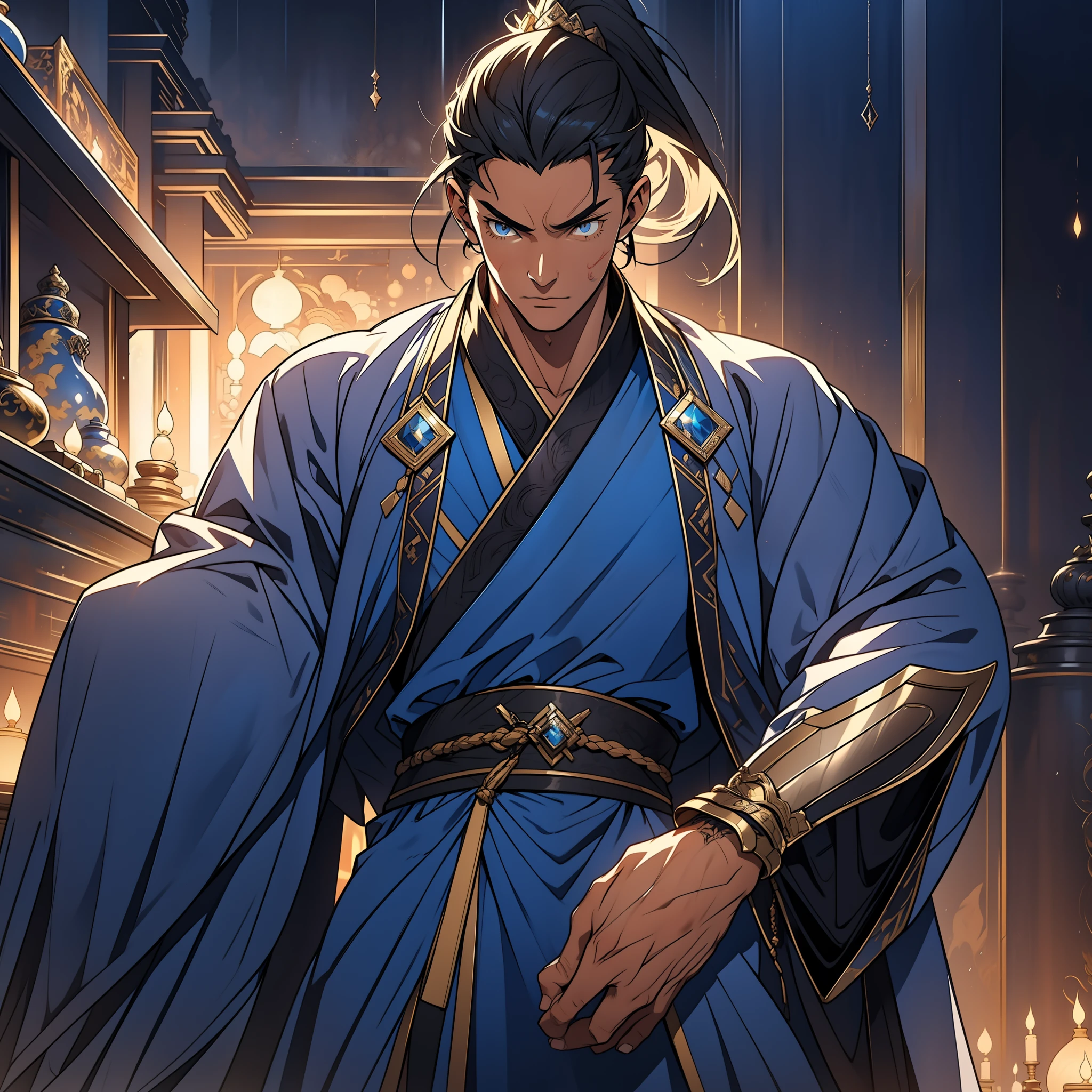 quadratic element，style of anime，mtu（Male Warrior），The proportions are correct，Face details，swordsmen，High ponytail hairstyle，Neck details，There is an Adam's apple，Blue suit，kaftan，long blue robes，clothes details，Handing over，longer sleeves，Game quality，Swordsmanship，Light and shadow tracking，Ray traching，detailed glow，cg render，hair detail，Black long hair，blue colored eyes，Handsome，Handsome，（juvenile sense），Clothing is complicated，Perfectcomposition，Refinement，high qulity，higher details，Lots of details，The background is complex，a sense of atmosphere，