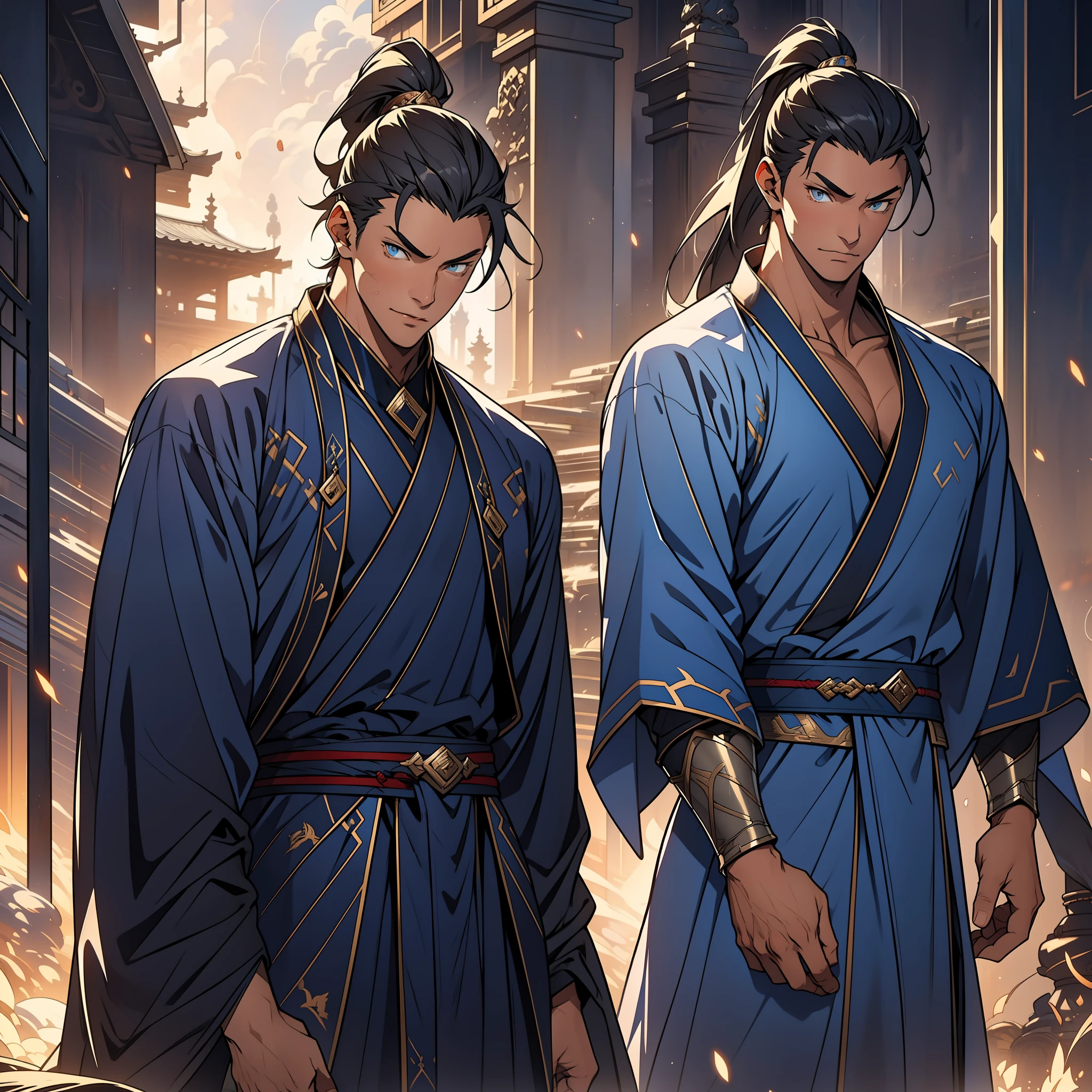 quadratic element，style of anime，mtu（Male Warrior），The proportions are correct，Face details，swordsmen，High ponytail hairstyle，Neck details，There is an Adam's apple，Blue suit，kaftan，long blue robes，clothes details，Handing over，longer sleeves，Game quality，Swordsmanship，Light and shadow tracking，Ray traching，detailed glow，cg render，hair detail，Black long hair，blue colored eyes，Handsome，Handsome，（juvenile sense），Clothing is complicated，Perfectcomposition，Refinement，high qulity，higher details，Lots of details，The background is complex，a sense of atmosphere，