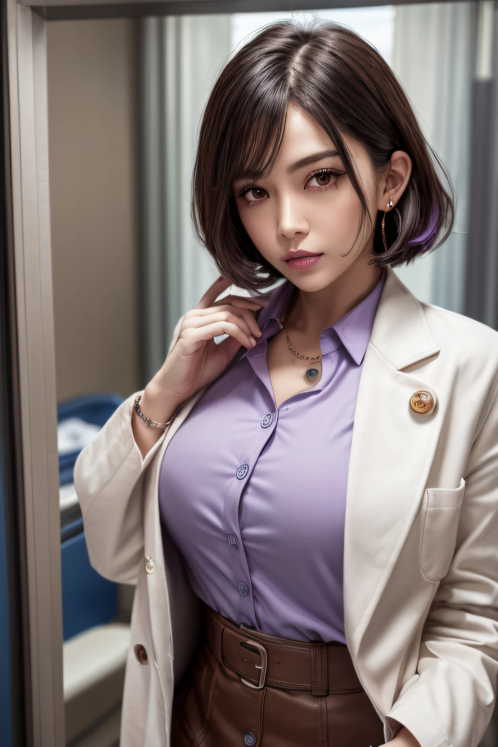 physician, 50 years old, hyperdetailed face, Detailed lips, Detailed eyes, 二重まぶた, Black bob-shaped hair,  (((Light purple shirts that button up to conceal the chest, doctors white coat, Brown tight mini skirt))), (Examining a patient in a hospital examination room), ((Glamorous body)), perfect hand, Perfect fingers, perfect chest, Perfect fit, perfect bodies, face perfect, Perfect image realism, Background with:((Hospital examination room)), Meticulous background with, detailed costume, Perfect litthing, Hyper-Realism, photoRealistic, 8K maximum resolution, (​masterpiece), Highly detailed, Professional