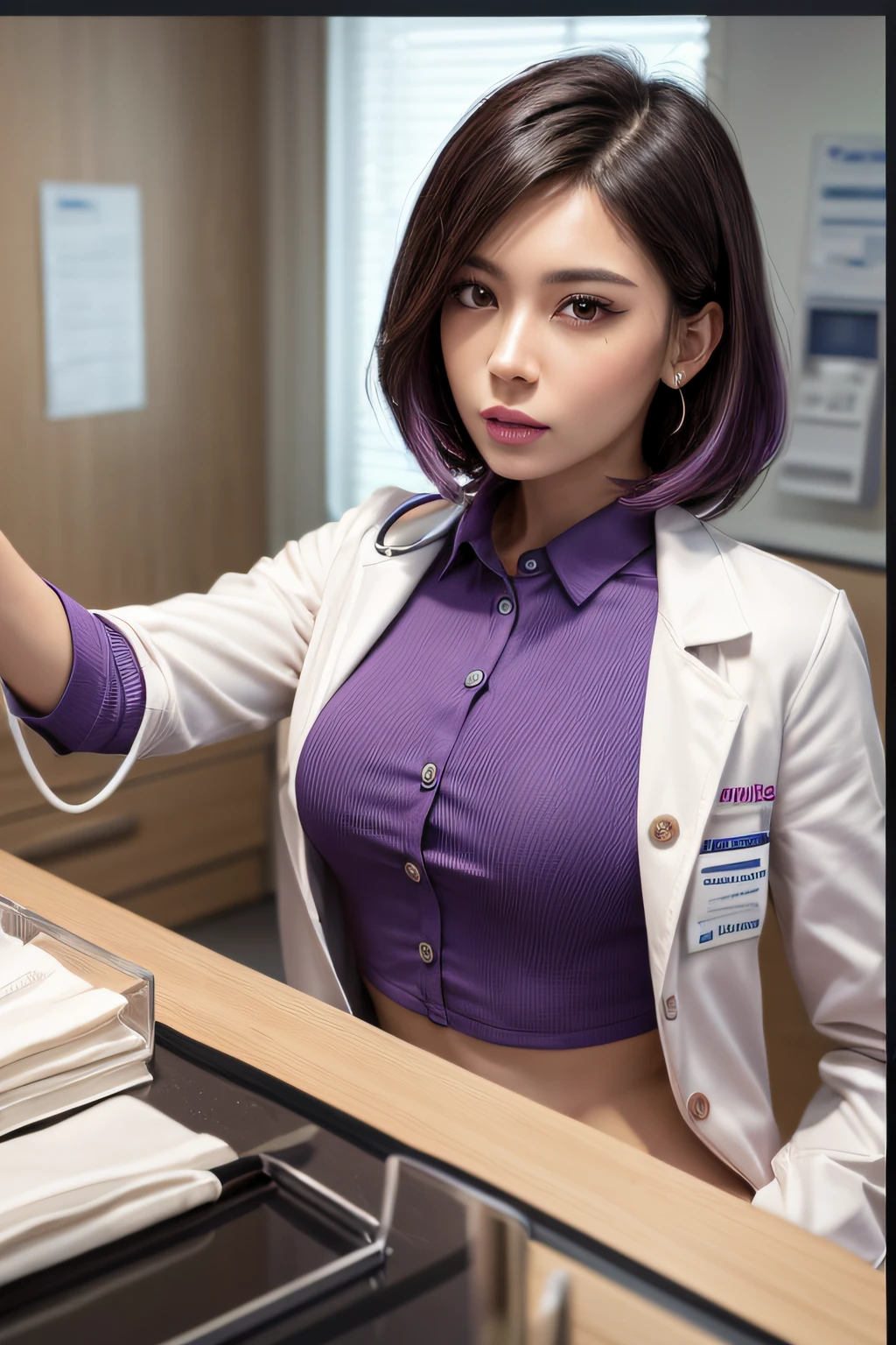 Beautiful woman、Different hairstyles、big breasts、((Women Scientist))、(PhD)、((Long lab coat))、(purple turtleneck sweater)、(black mini skirt)、(Research room、laboratory、graduate School)、glass tube、flask、((delicate pictures))，(Detailed RAW photos of girls), (muste piece:1.25), (best quality:1.6), (ultra high resolution:1.5), (photorealistic:1.75), 8K resolution,:1.6),  Canon EOS R5, 50mm, disorganized, Super detailed,cinematic lighting、((skirt lift))、sexy panties,Various poses ,(perfect_hands),1.girl,nsfw,(pussy),((pussy/vagina)),(pubic_hair:1.3),1 girl