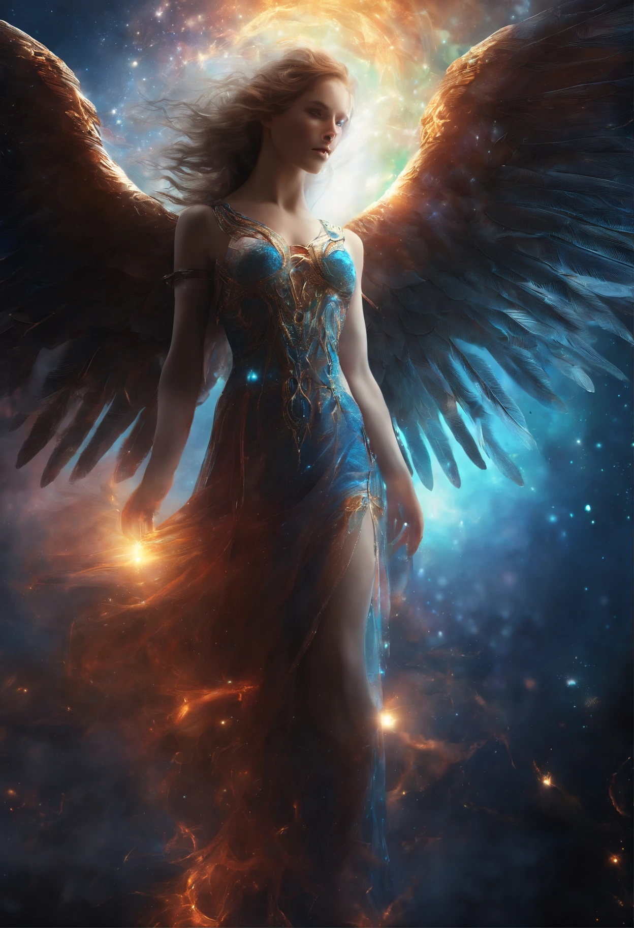 Cosmic Fallen Angel, Bright and clear eyes, Biomechanicals, Strangely, horrid, nightmare, Very bright colors, Light particles, There is bright light, Mshiv, wallpaper art, ultra HD wallpaper