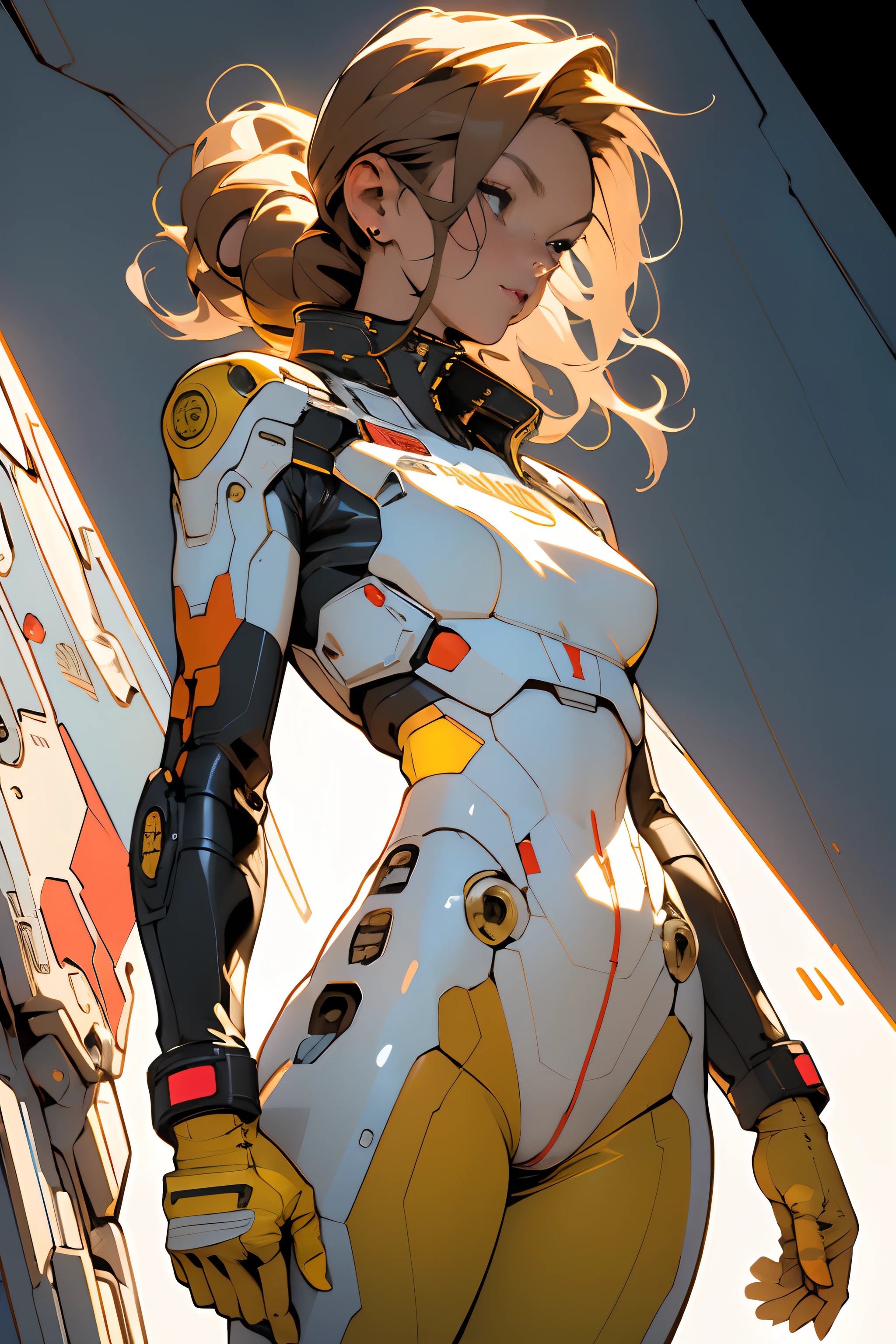 ((Best quality)), ((masterpiece)), (detailed: 1.4), (Absurd), (((full body)), (((woman))), 35-year-old woman, Beautiful muscular woman, giant robot pilot, wild with perfect body, perfect eyes, wearing little clothing, tiny thong, clothing with Japanese graphic patterns, halftone pattern and vertical stripes, yellow gold, white, coming out of the body of a giant robot