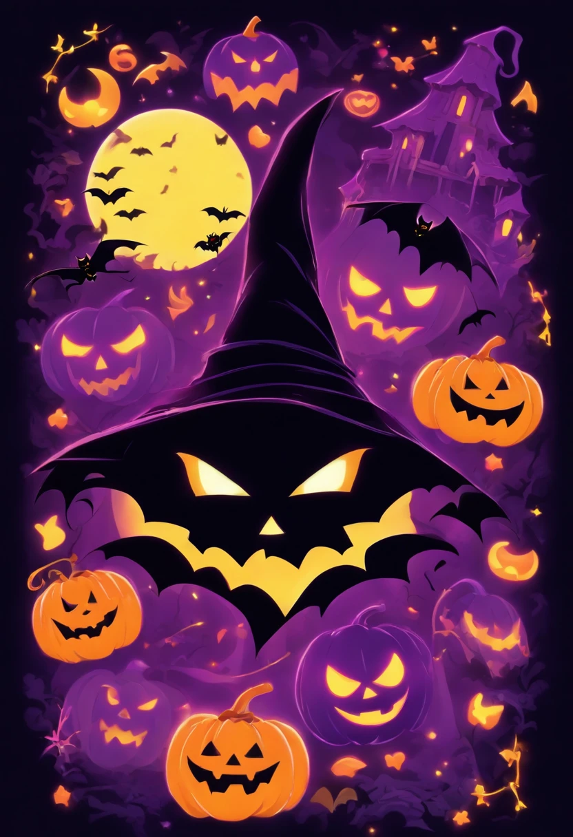 Halloween Elements, Digital Art: Black bat, Spooky pumpkin ghost, Spooky Moon, Ghost Broom, Purple Line Witch Talking Hat, Spider with yellow and black stripes, Witch's Castle, Magic black background, Minimalistic images with exclusive sticker illustrations