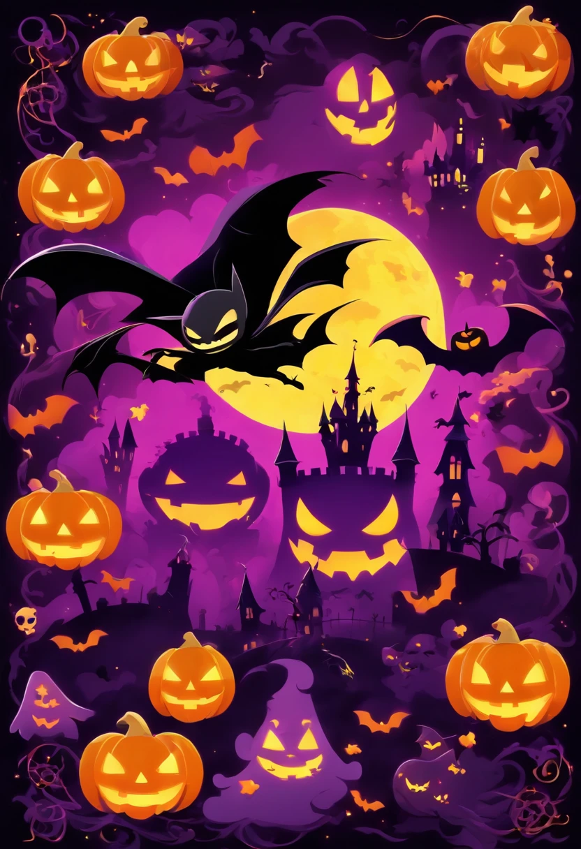 Halloween Elements, Digital Art: Black bat, Spooky pumpkin ghost, Spooky Moon, Ghost Broom, Purple Line Witch Talking Hat, Spider with yellow and black stripes, Witch's Castle, Magic black background, Minimalistic images with exclusive sticker illustrations